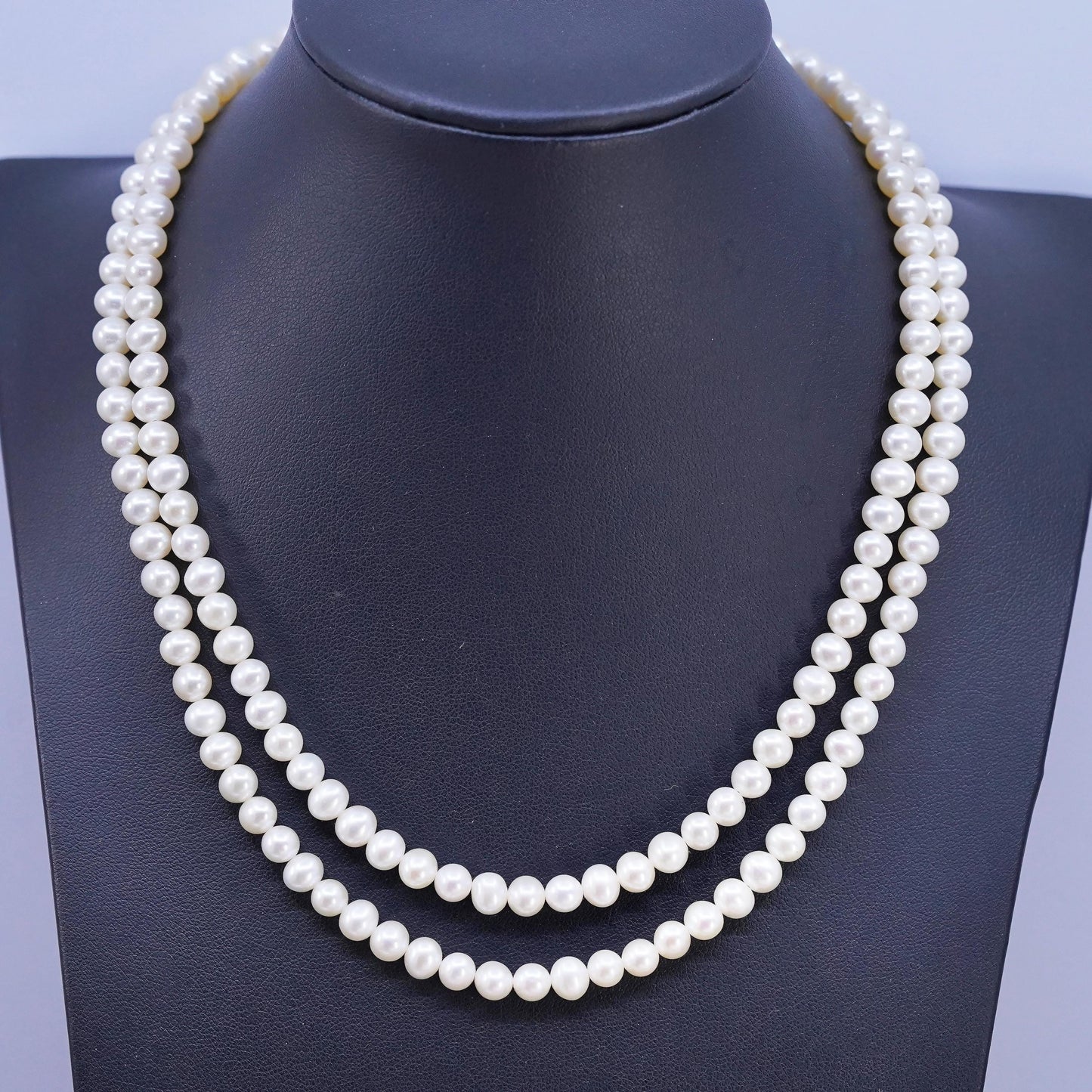 17", Sterling 925 silver double strands necklace 6mm white freshwater pearls