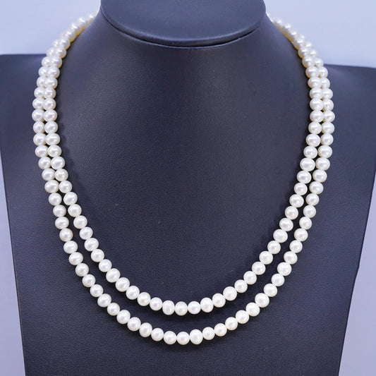 17", Sterling 925 silver double strands necklace 6mm white freshwater pearls