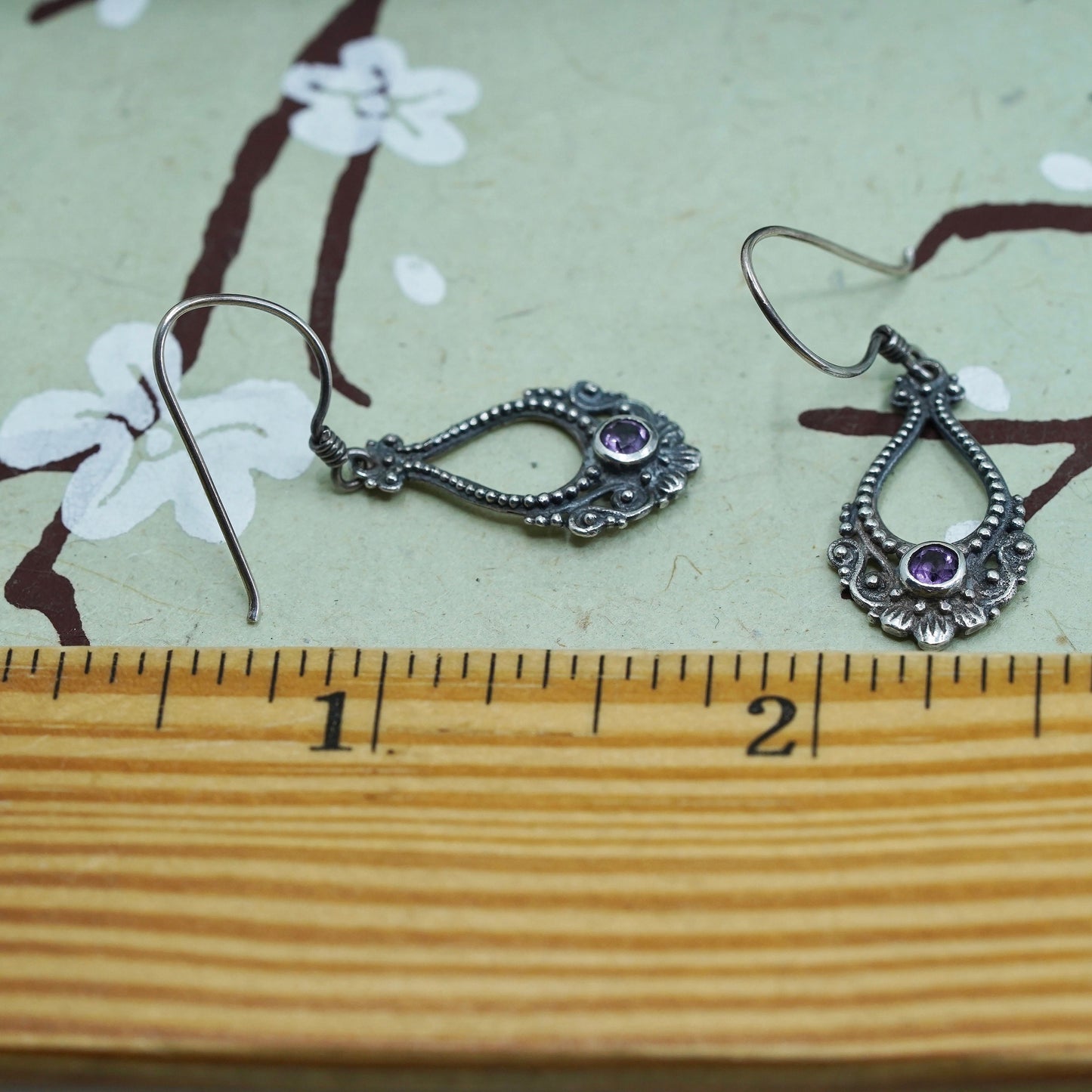 vintage sterling silver handmade earrings, 925 silver beads with amethyst