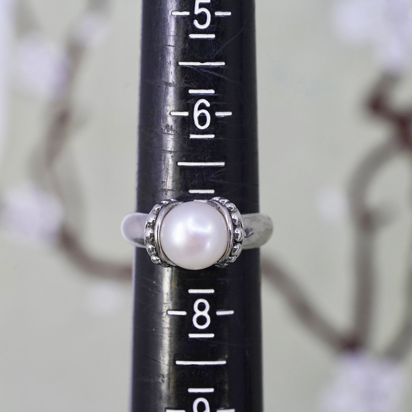 Size 7, Vintage sterling 925 silver handmade ring with pearl and beads