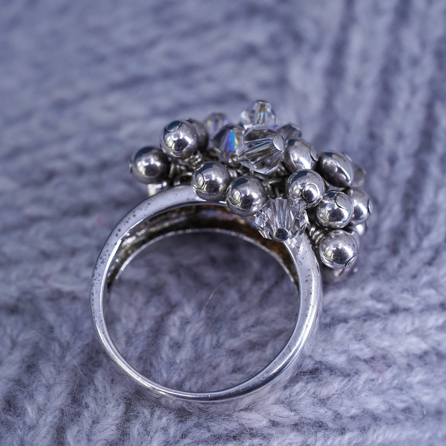Size 9, vintage Sterling silver ring, 925 cocktail ring cluster bead charms