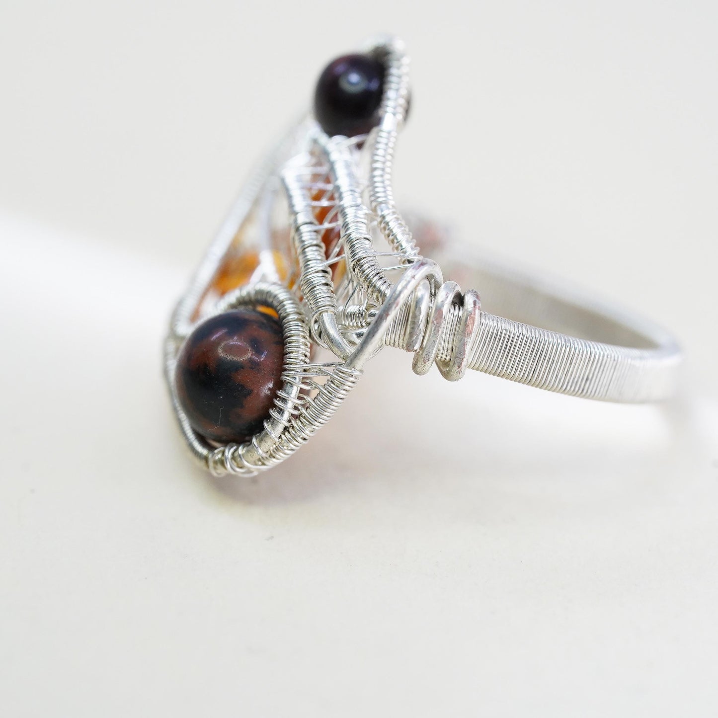 Size 9.5, vintage sterling 925 silver handmade wired ring with amber beads