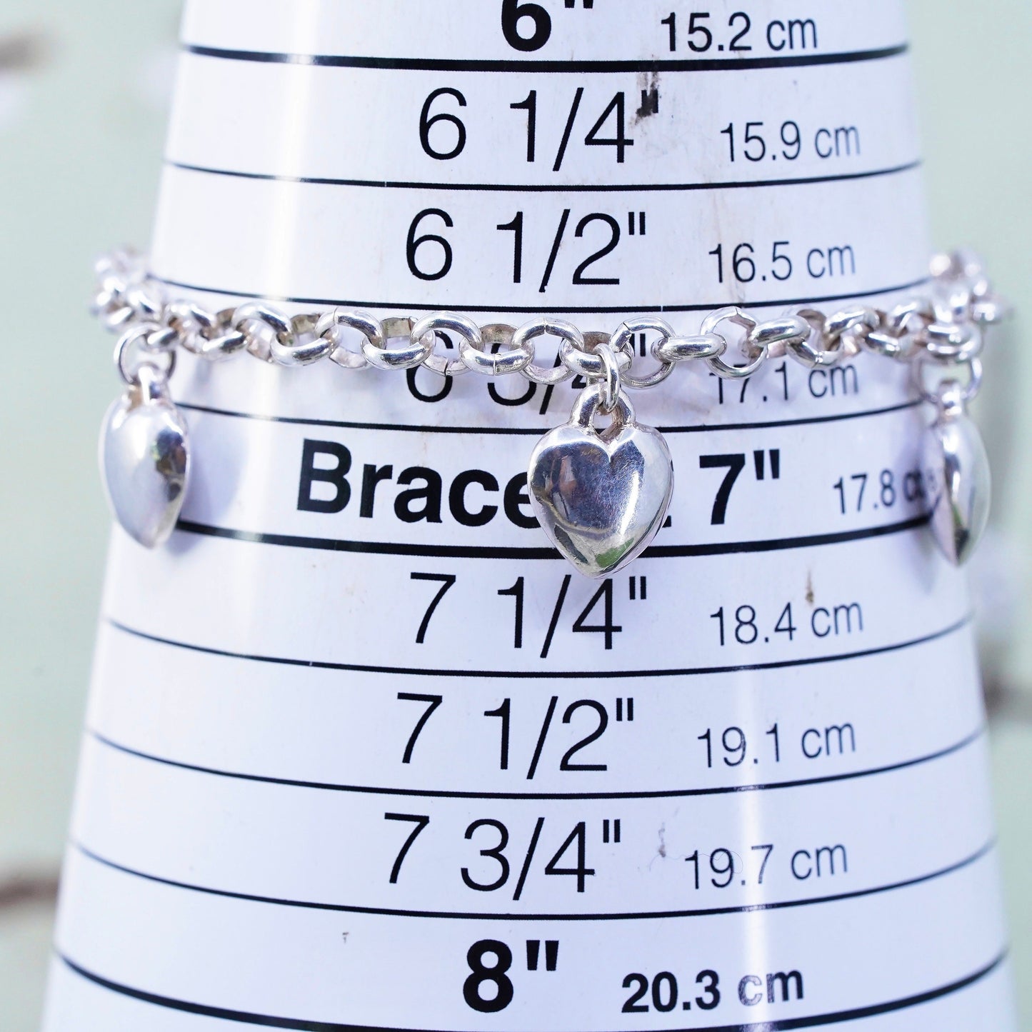 6.75” 5mm, Vintage sterling 925 silver circle bracelet with heart charms