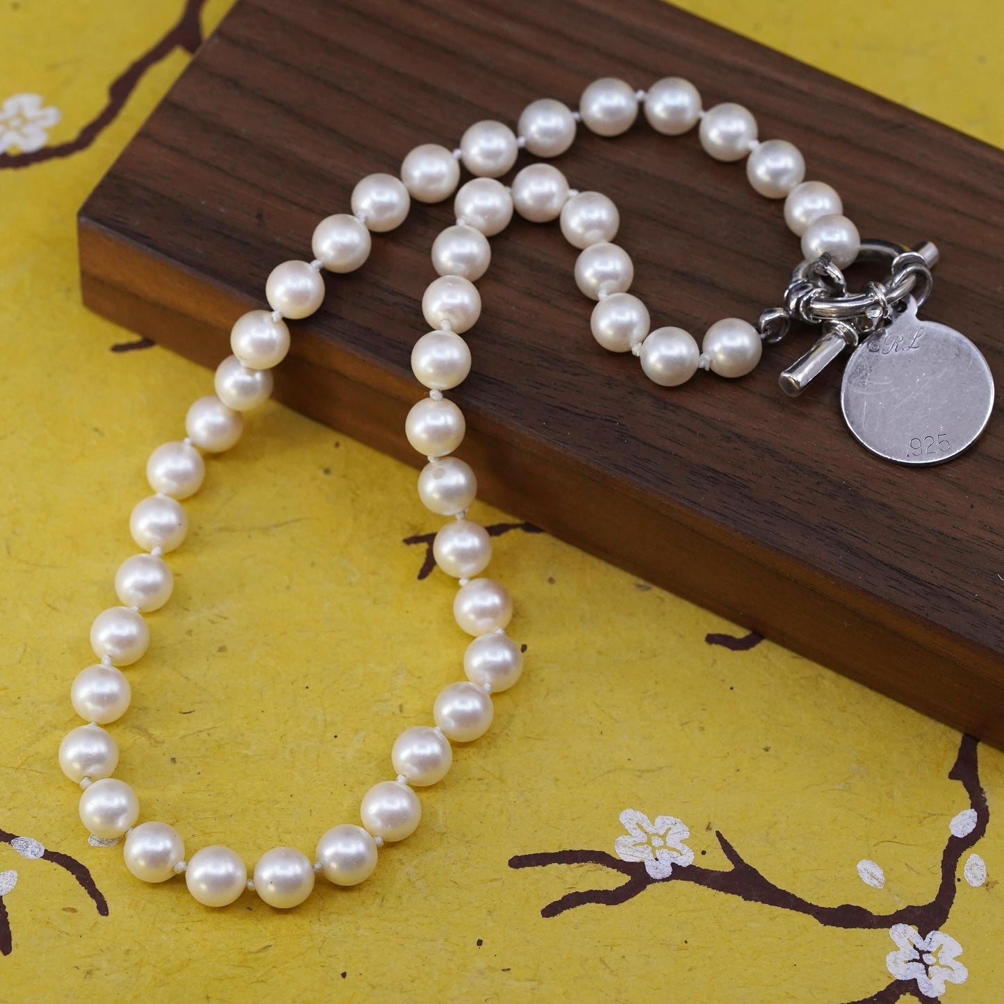 16", VTG Sterling silver necklace, 925 tag pendant 7mm freshwater pearl beads