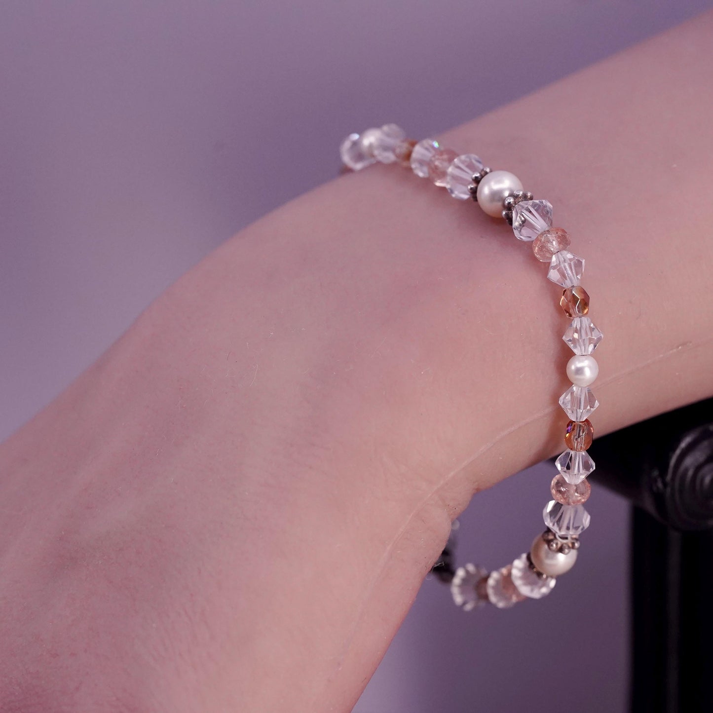7", vintage sterling silver bracelet, 925 heart toggle closure w/ crystal beads