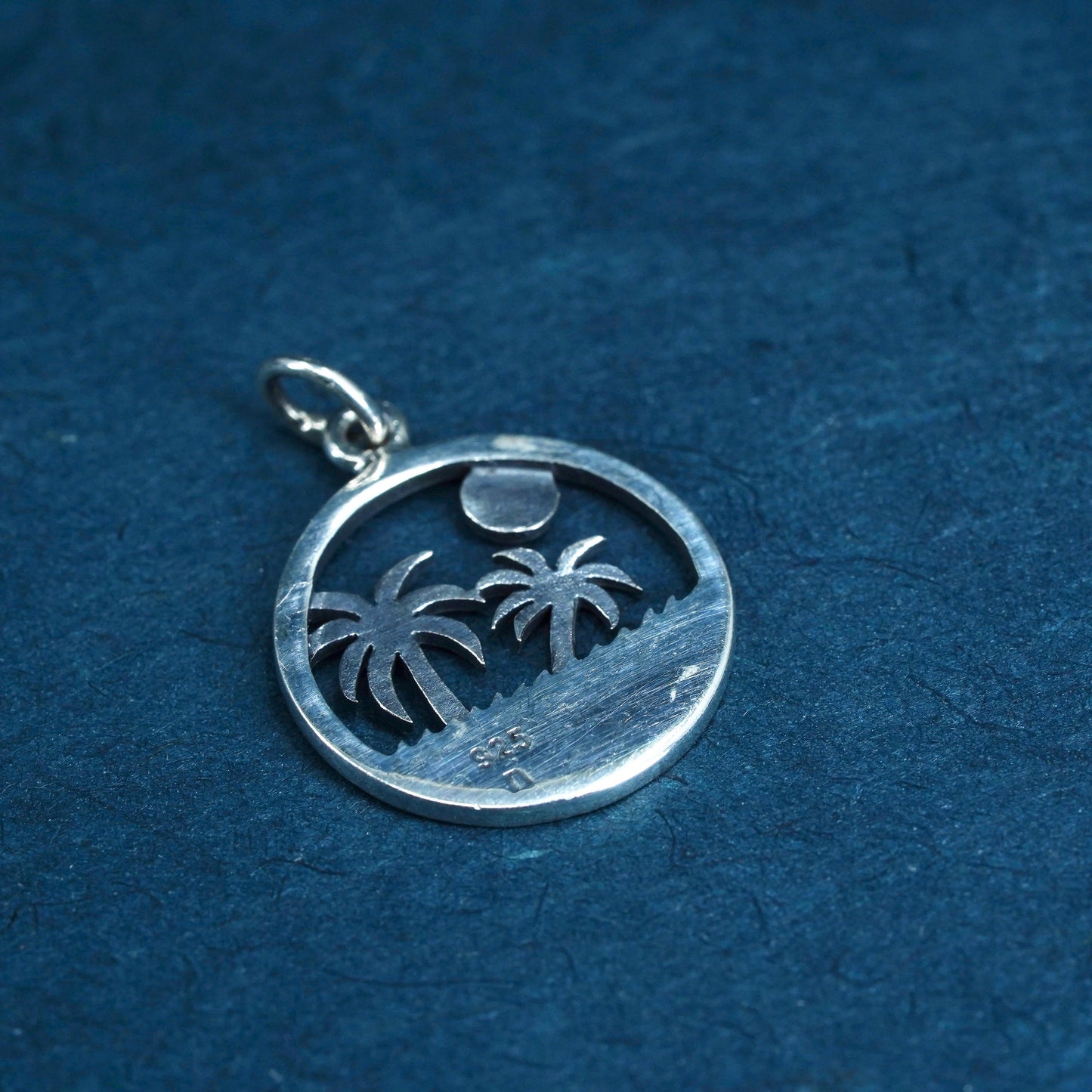 Vintage sterling silver handmade pendant, 925 circle with palm tree inlay