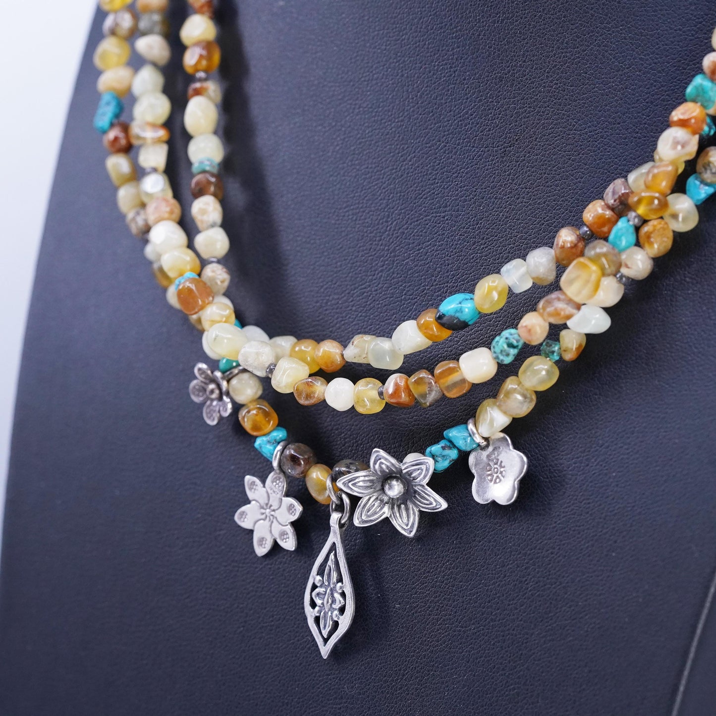 18" Tica Rosa Sterling 925 Silver Multi Strands multi gemstones Necklace flower