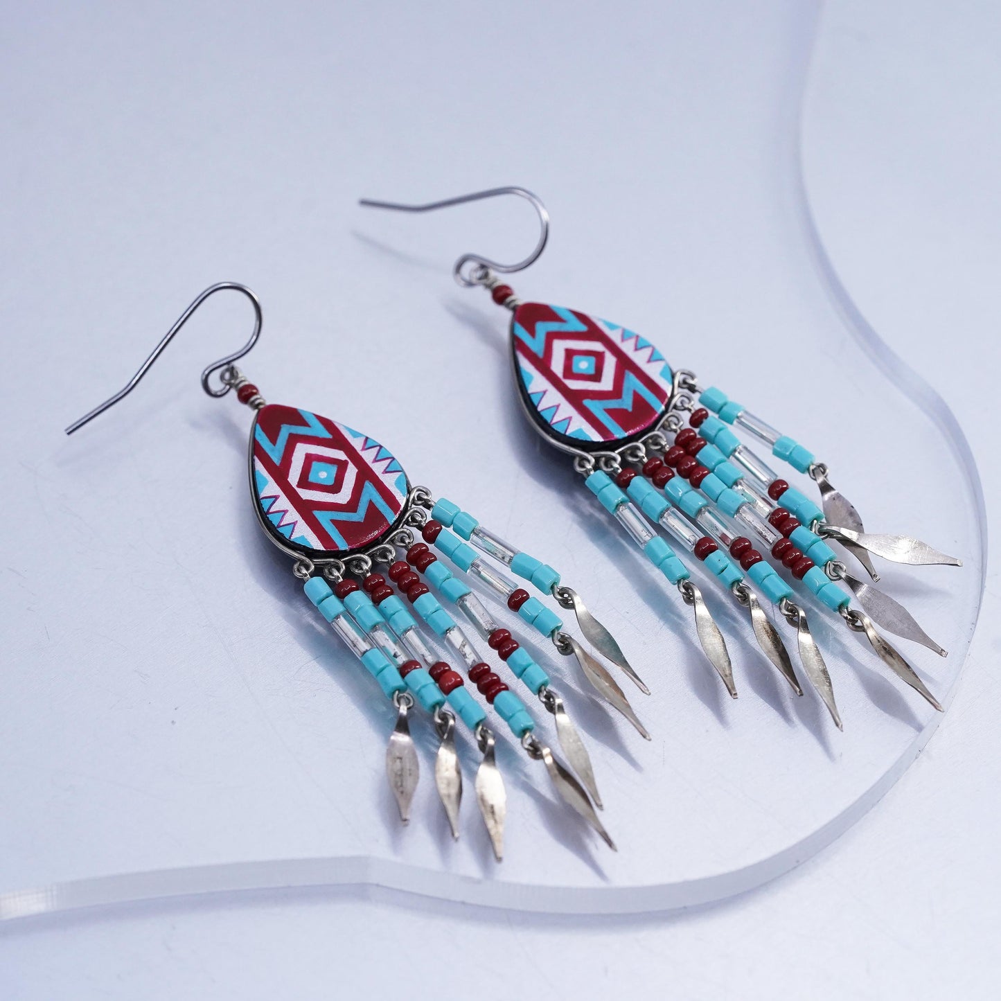 Vintage southwestern Sterling 925 silver teardrop earrings with fringe dangles