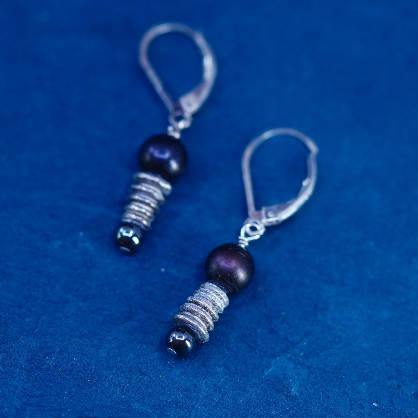 Vintage Sterling silver handmade earrings, 925 hooks with black pearl