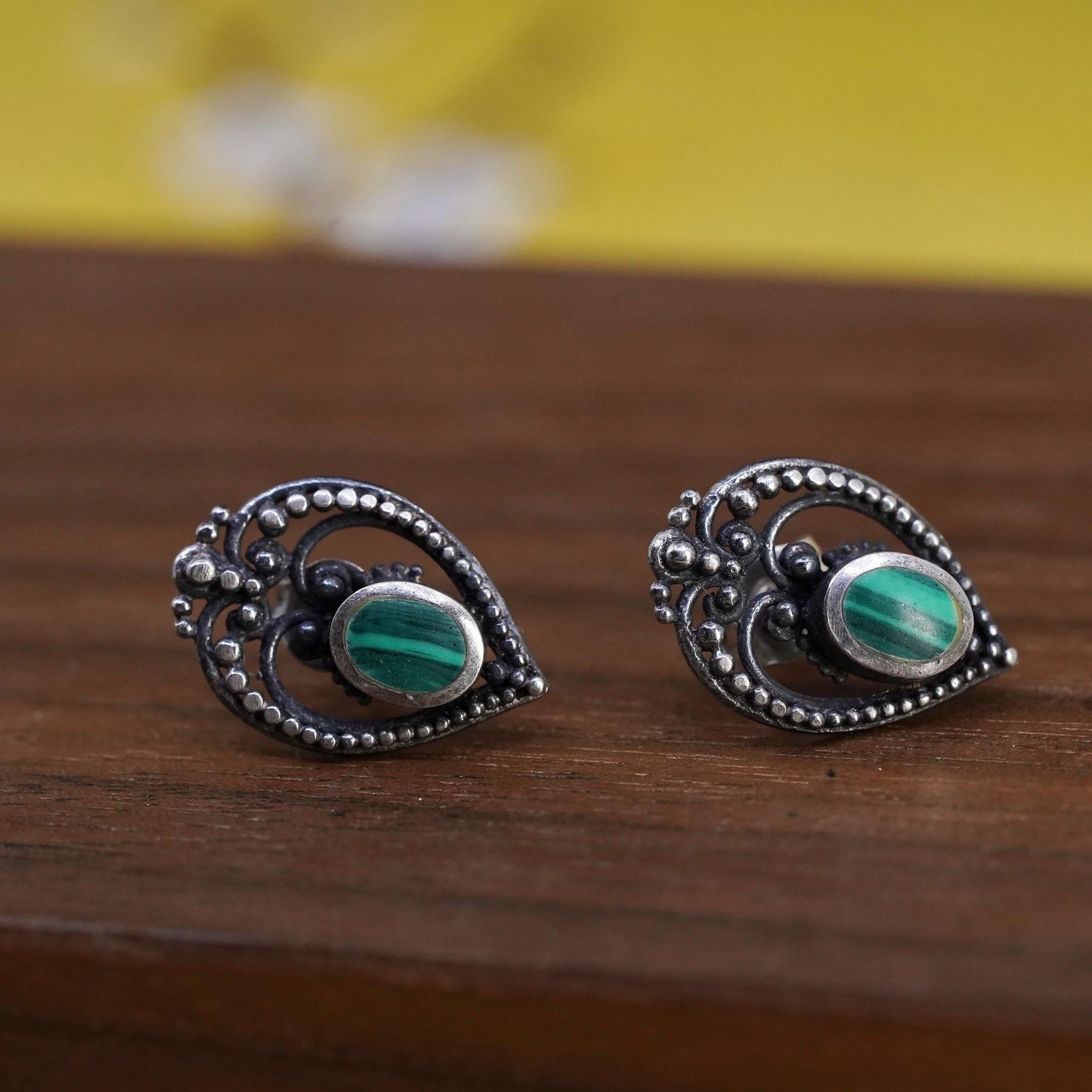 Vintage Sterling silver handmade earrings, 925 teardrop studs malachite inlay.