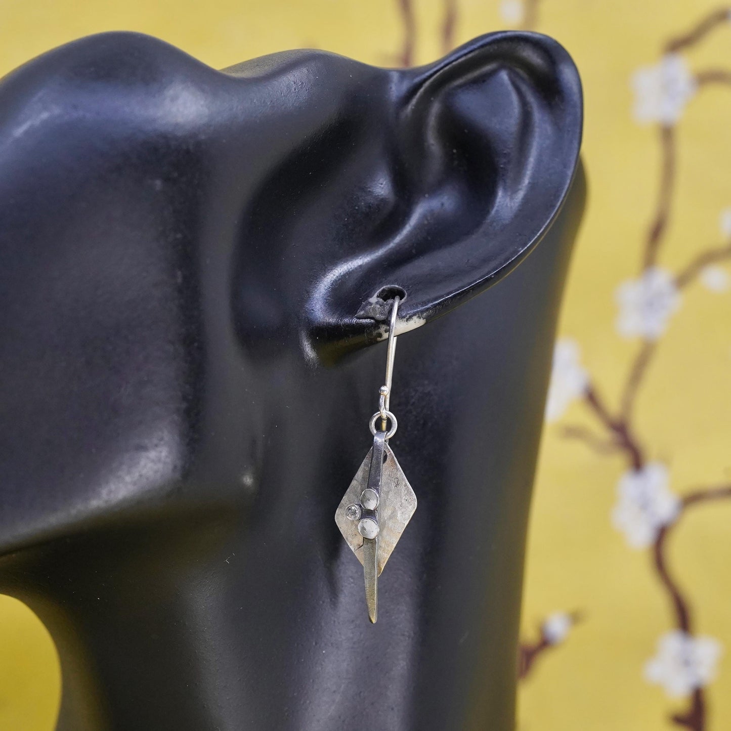 Vintage handmade sterling silver earrings, 925 hammered disc with cz and beads