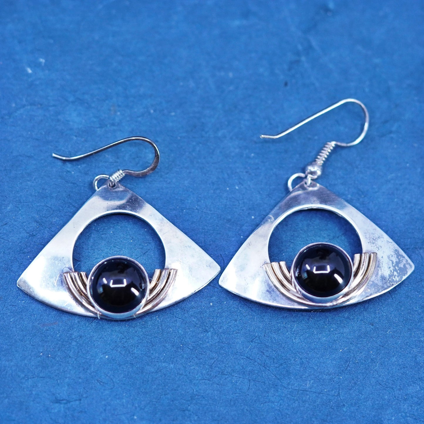 PJP gold filled sterling silver drop earrings, modern 925 disc with black onyx
