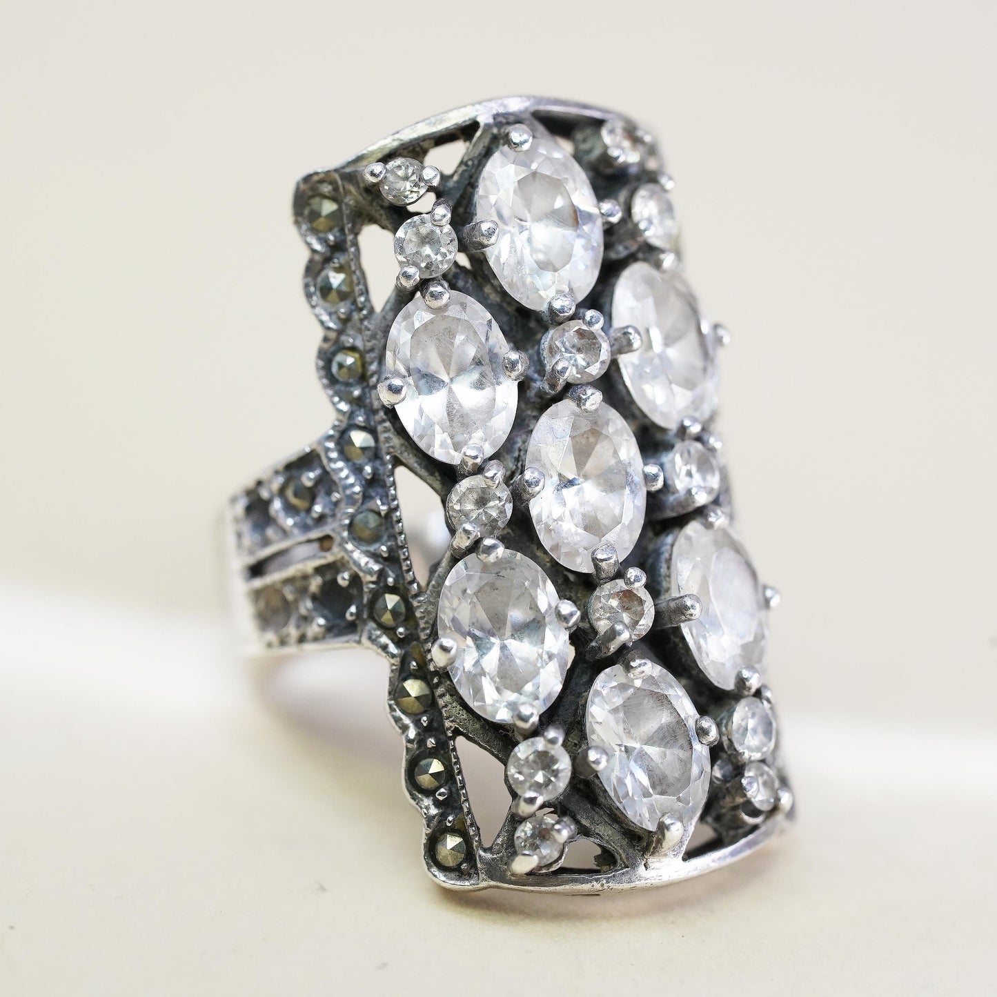 Size 7.25, 925 Sterling Silver Cluster CZ Ring, Marcasite Cocktail, Wide Band