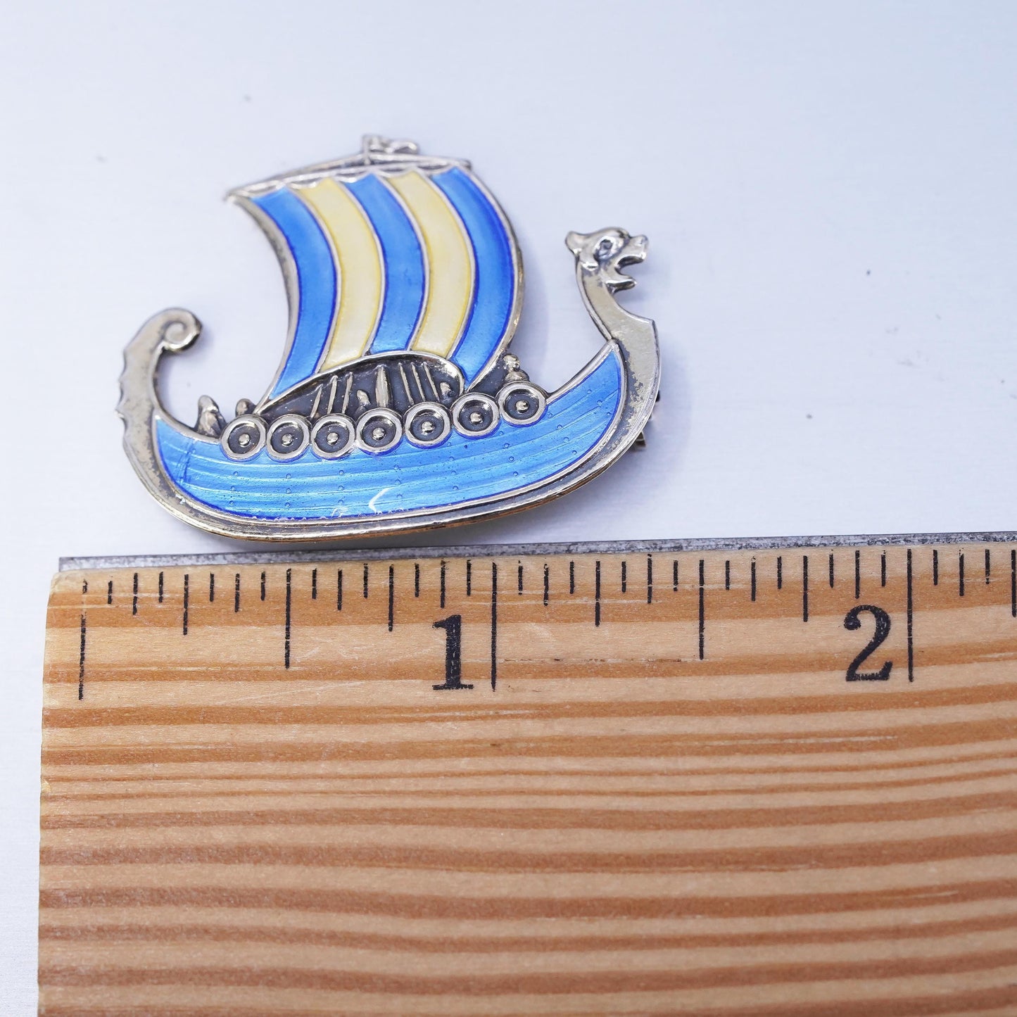 vintage Norway Sterling silver handmade brooch, 925 sailing boat pin w/ enamel