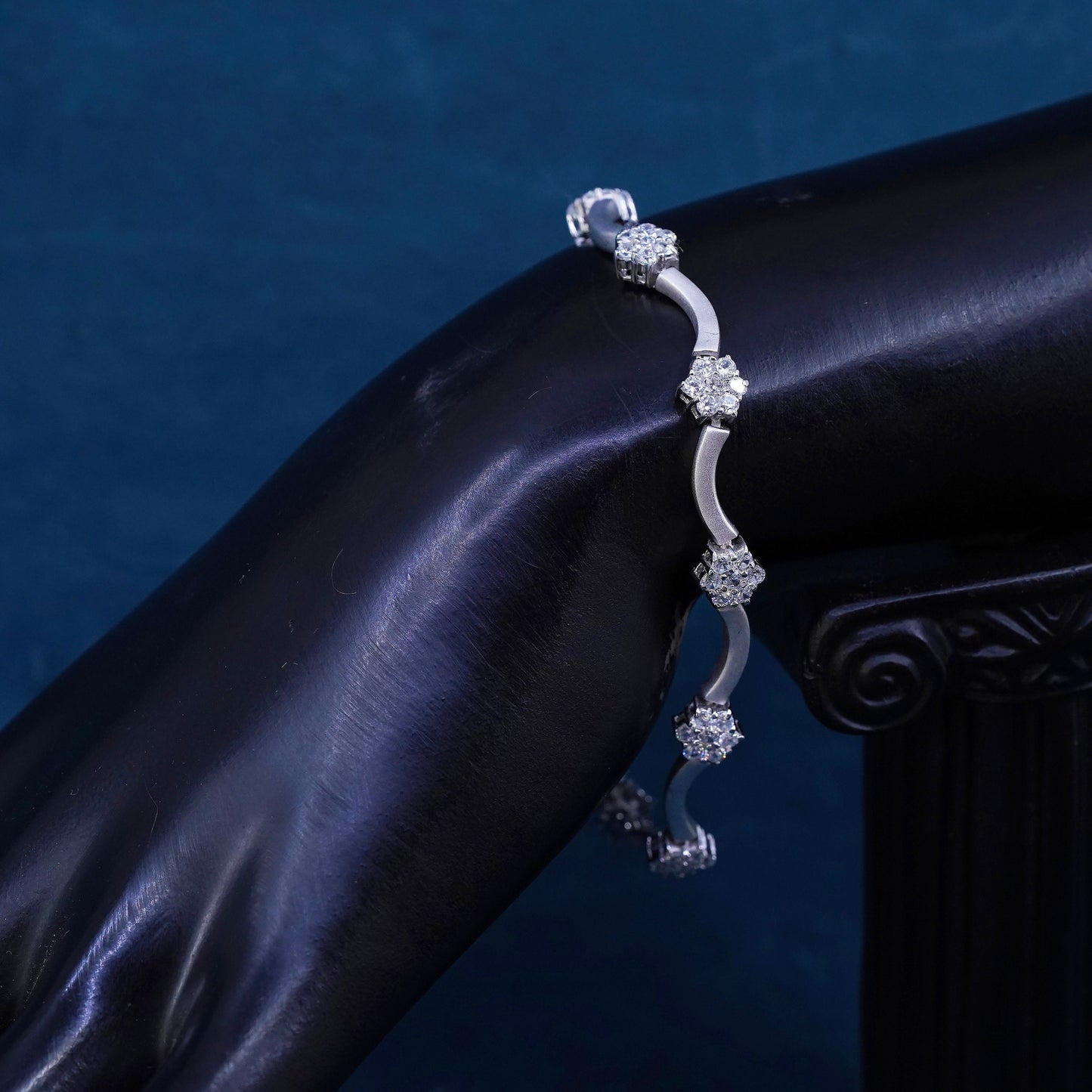 7”, vintage matte sterling 925 silver tennis bracelet with Cz flower details