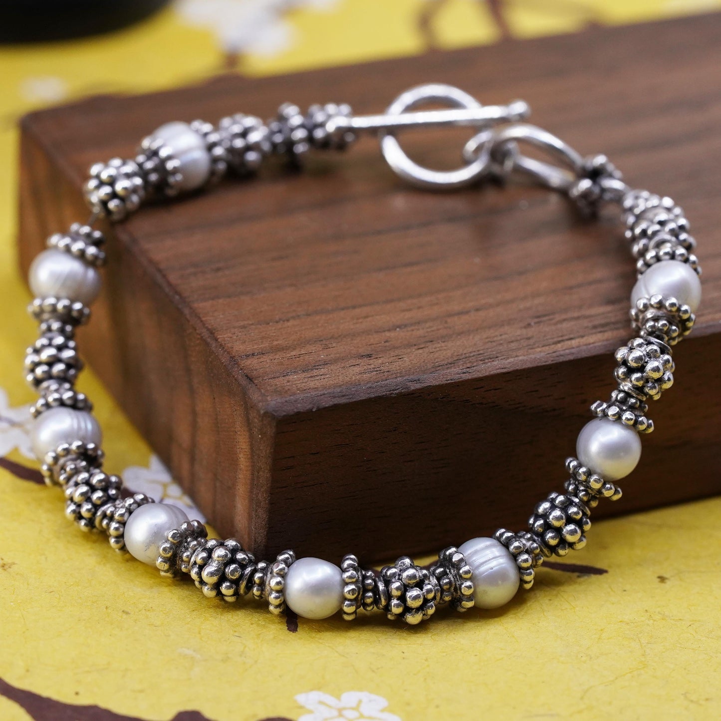 7.5", Vintage Sterling silver handmade bracelet, 925 beaded chain with pearl