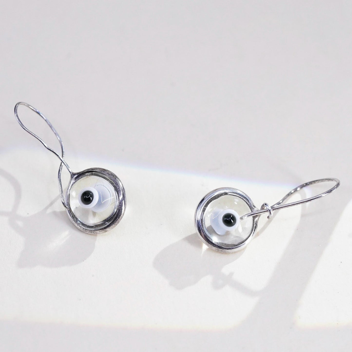 Vintage 925 Sterling silver handmade earrings with glass evil eye dangles