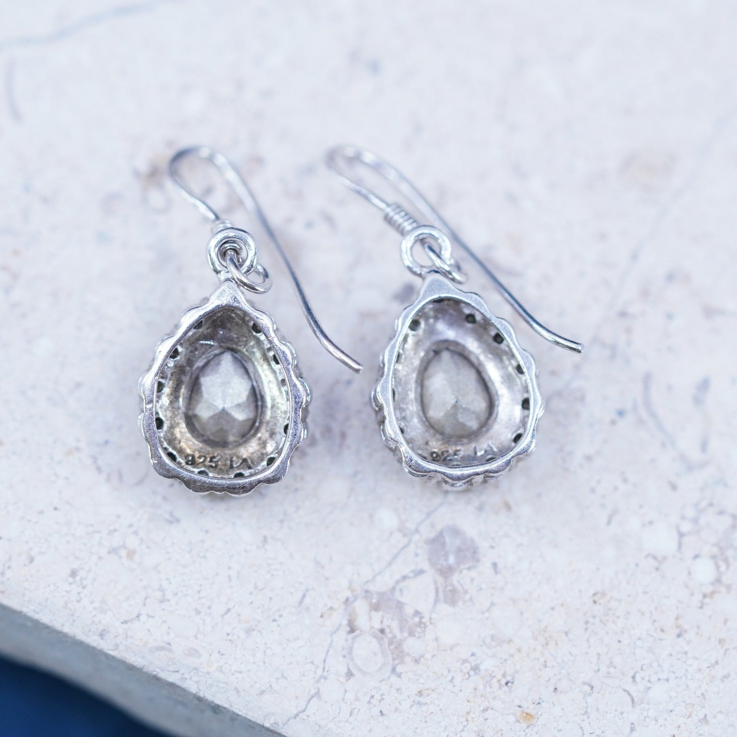 Vintage sterling 925 silver handmade earrings with teardrop blue topaz