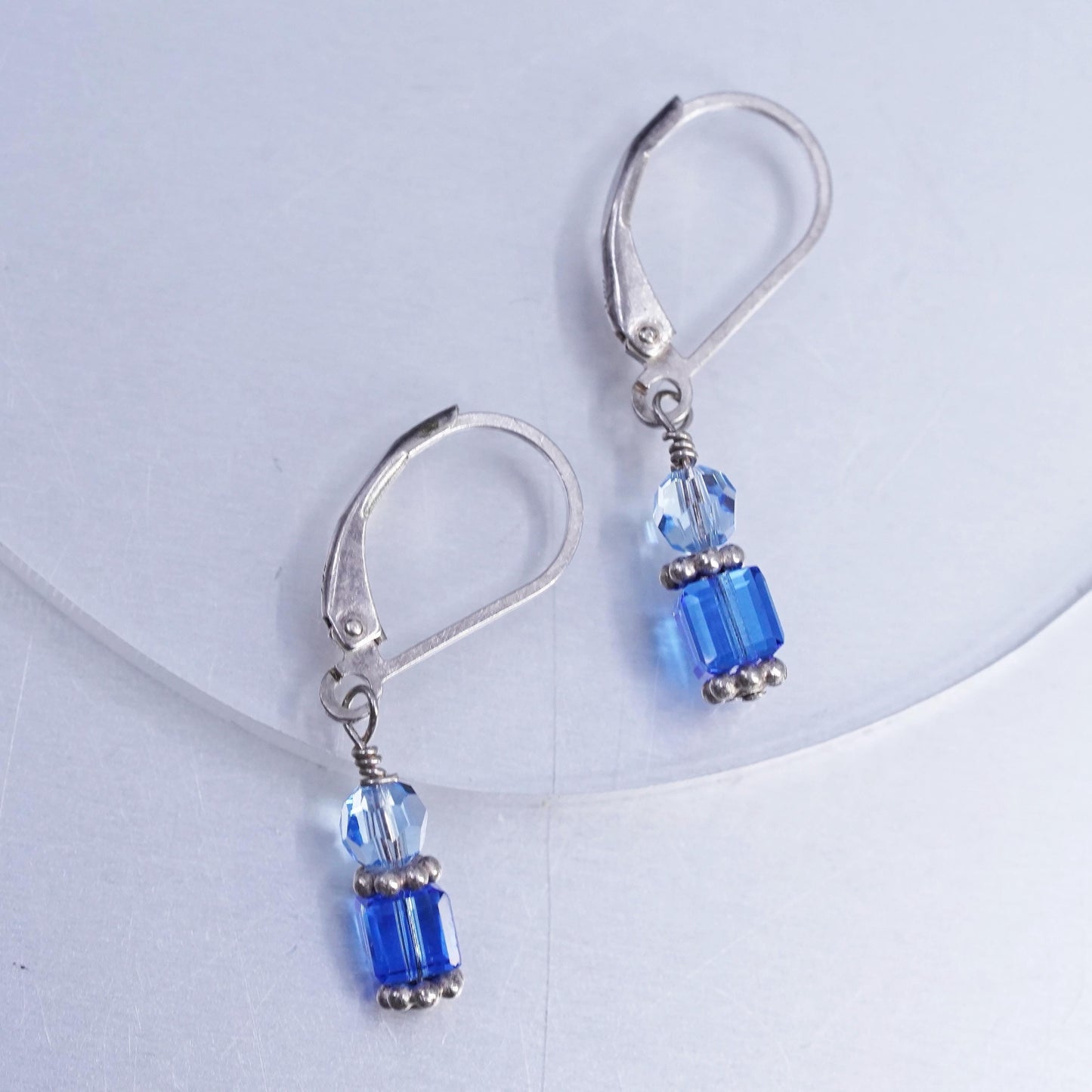 Vintage Sterling 925 silver earrings with blue crystal cube