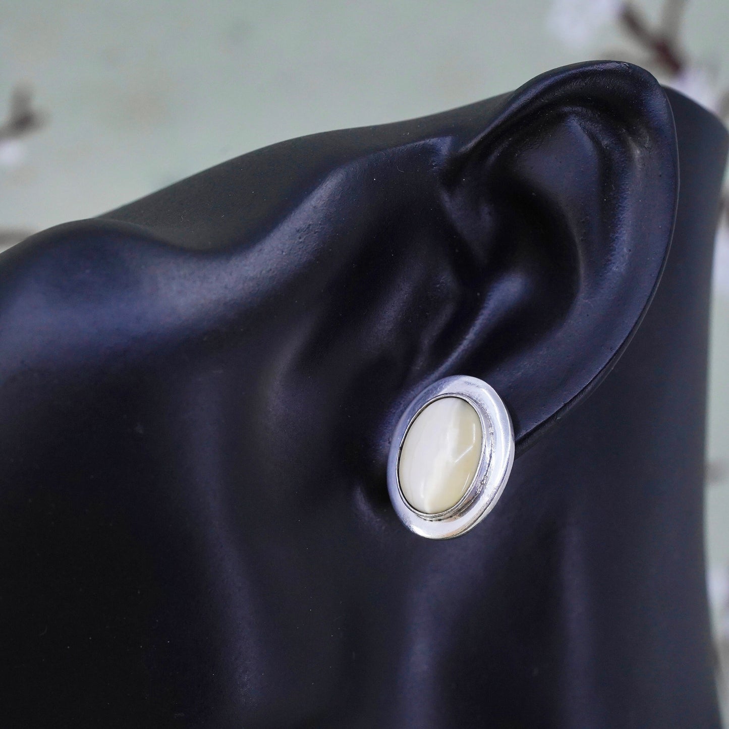 Mexican sterling silver earrings, Native American 925 studs oval cats eye