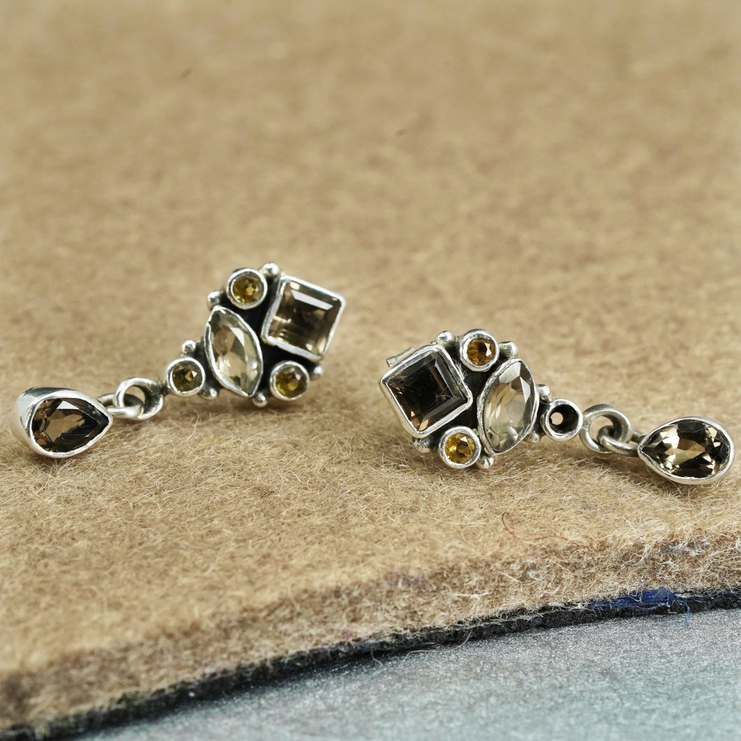 Vintage Sterling 925 silver handmade earrings with teardrop smoky topaz