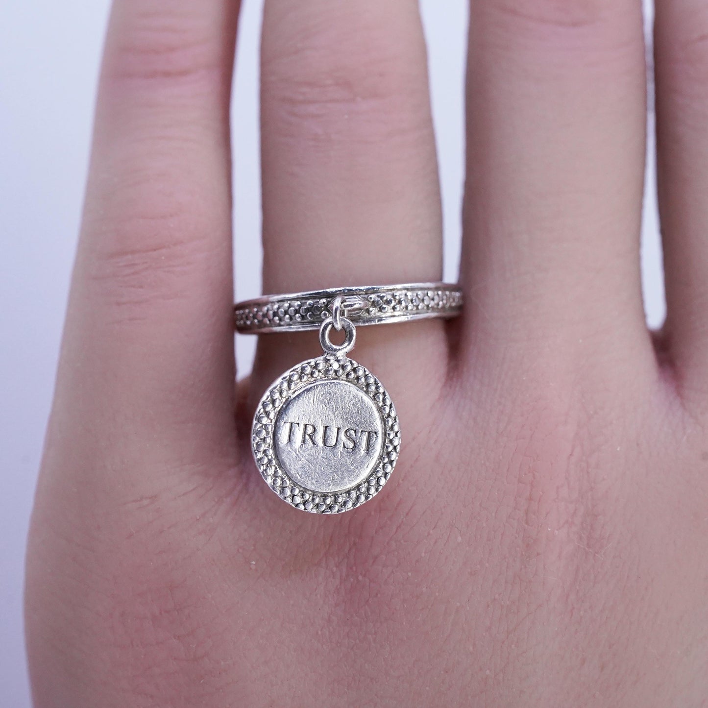 Size 7.25, Sterling 925 silver handmade ring tag charm embossed Trust diamond