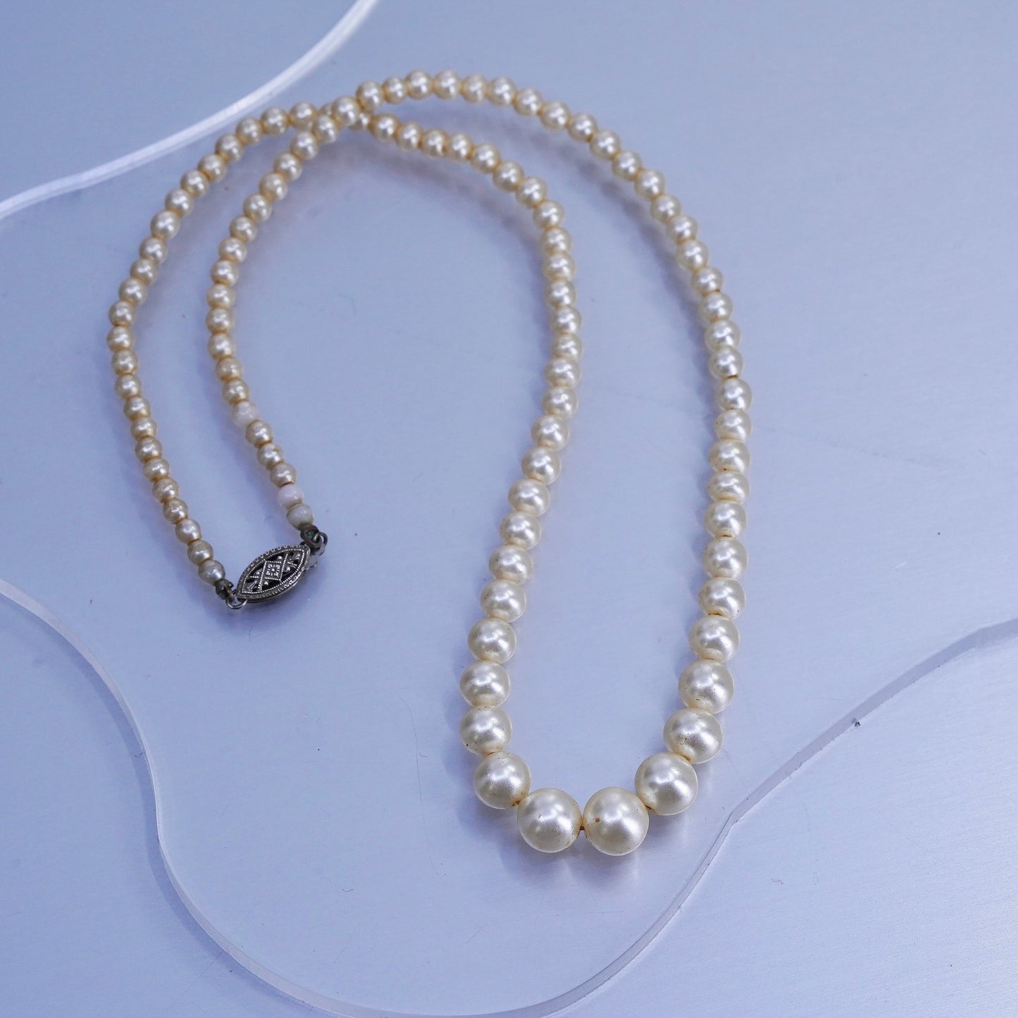 16”, vintage 1940s graduated faux pearl necklace with Sterling 925 silver clasp
