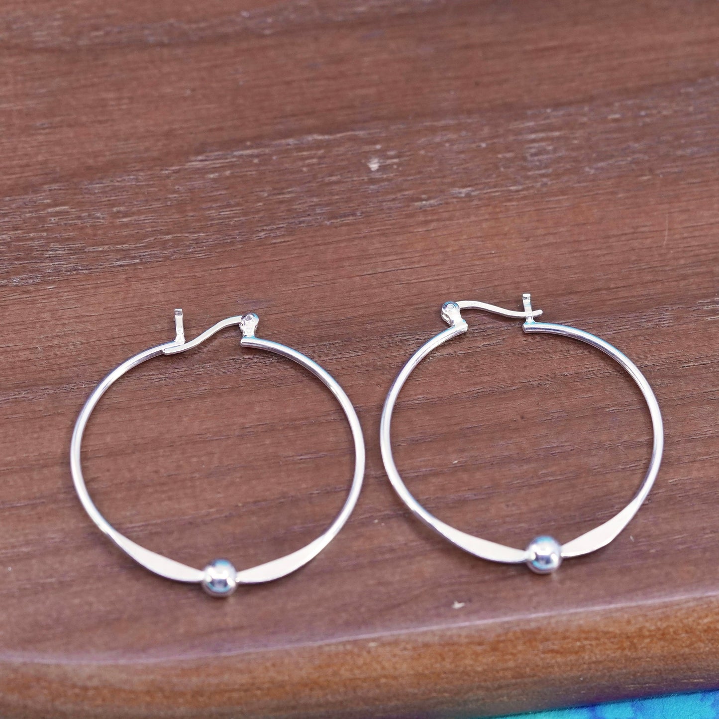 1.5”, vintage Sterling silver handmade hoop earrings, 925 huggie with bead