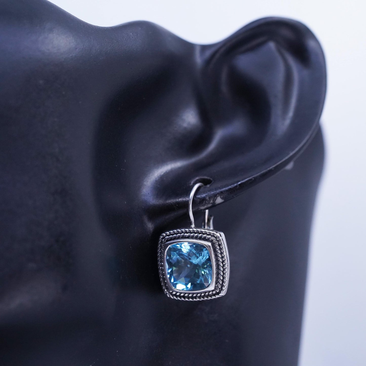 Vintage Sterling 925 silver handmade earrings with square blue topaz lever back
