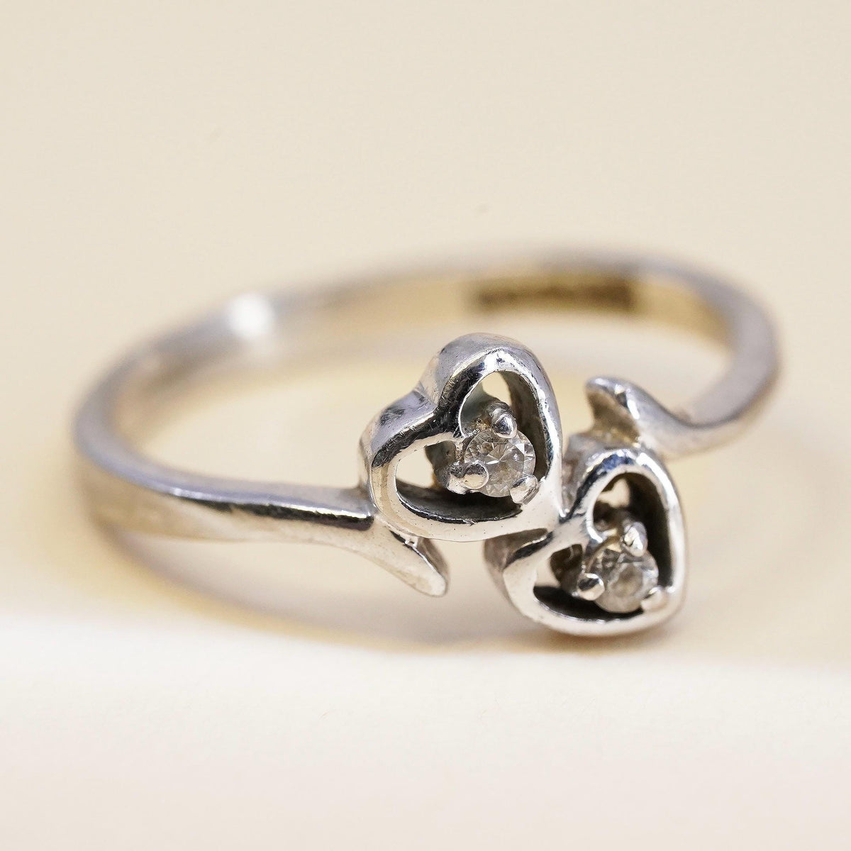 Size 5.5, Vintage sterling silver handmade ring, engagement ring with heart cz