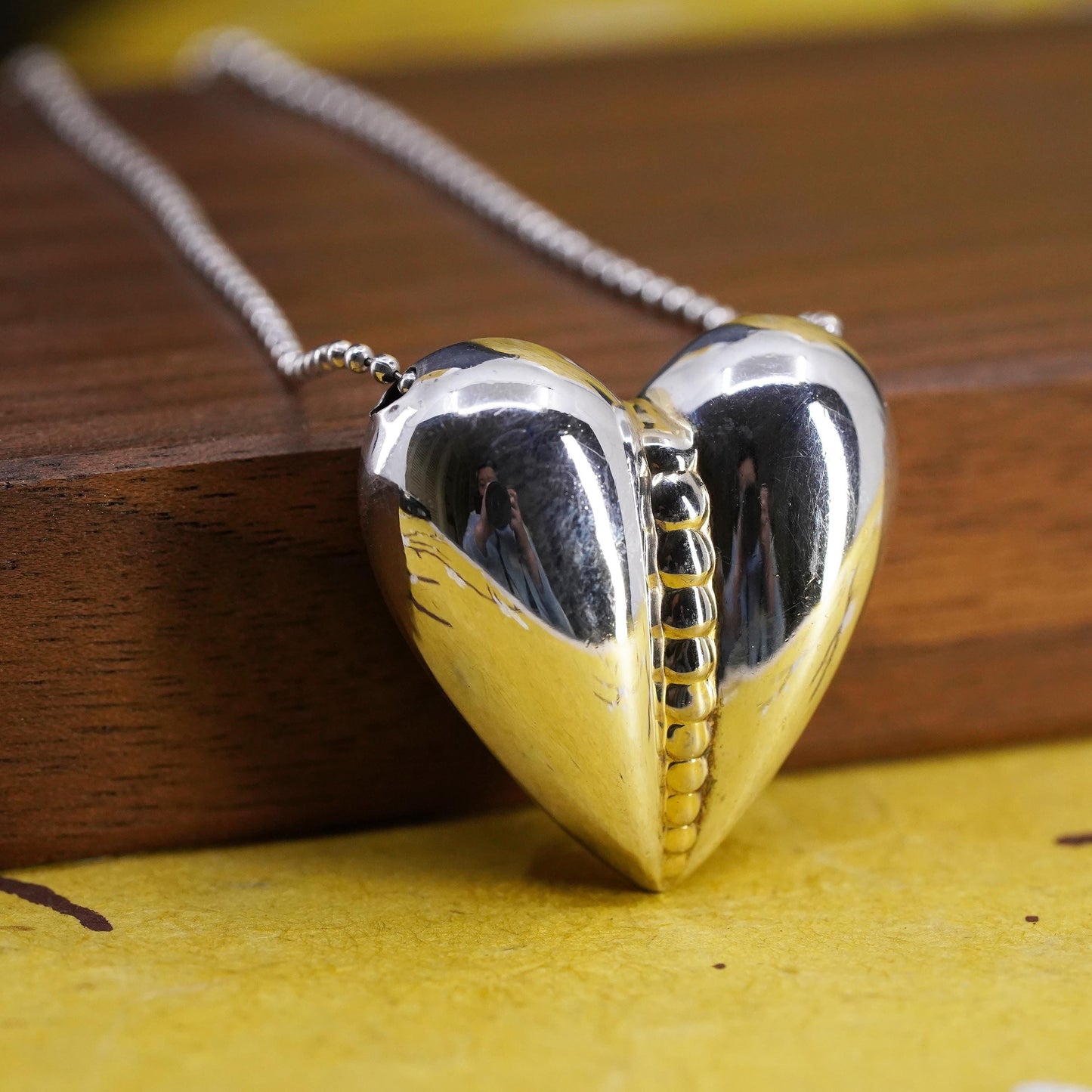 30", Italian Sterling silver necklace, extra long 925 bead puffy heart pendant