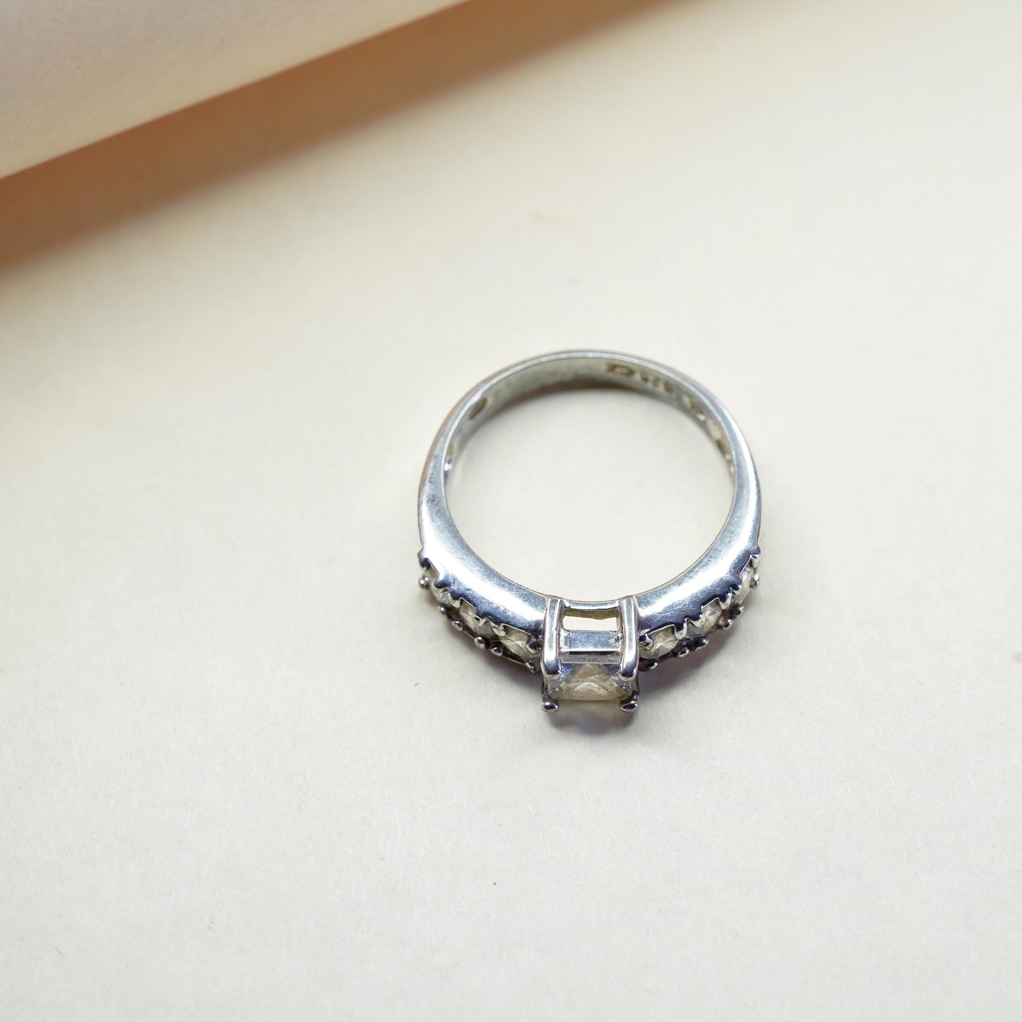 Size 7, Sterling silver ring, 925 silver with square cut CZ cluster details