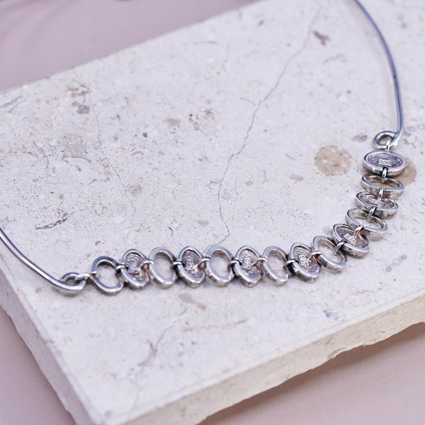 14", vintage Sterling silver 925 choker collar necklace pebble textured chain