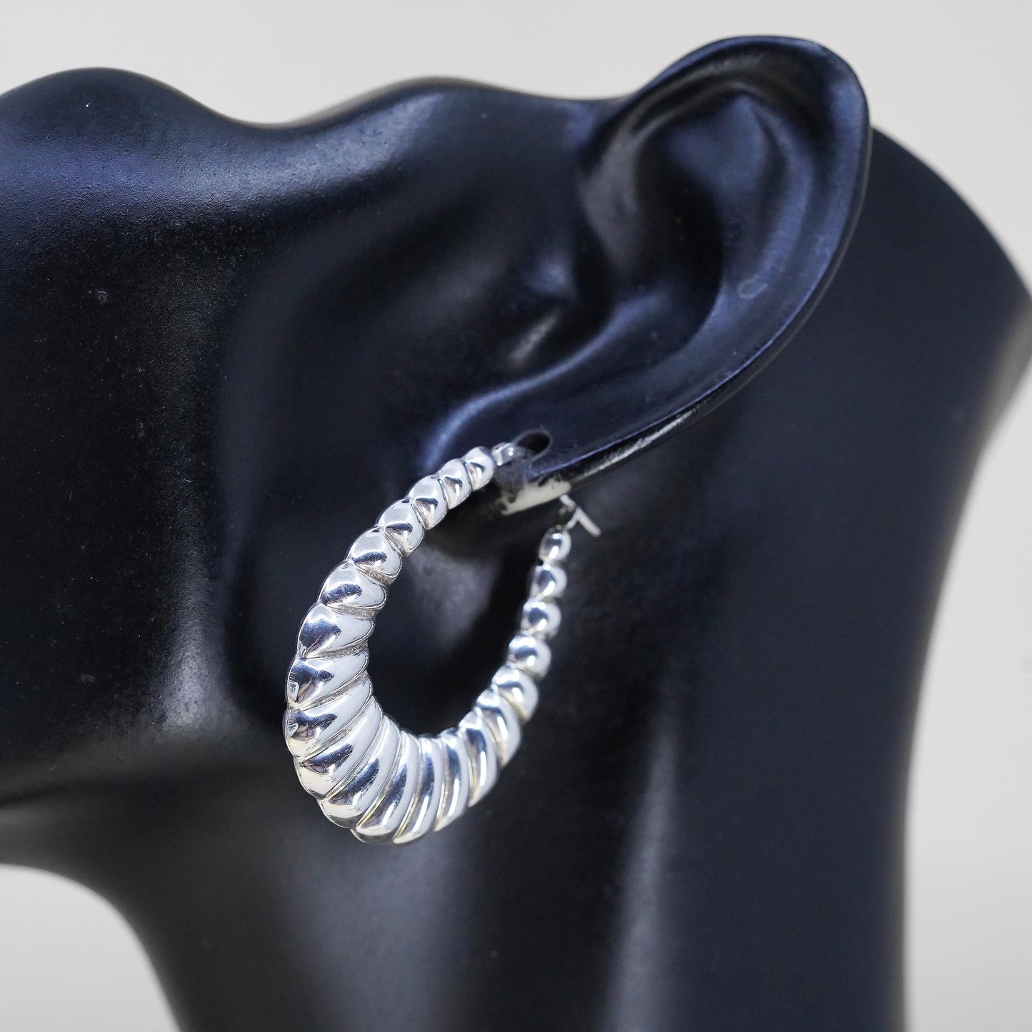 1.5”, Vintage Jordan 925 Sterling Silver Ribbed Hoops, Large Teardrop Earrings,