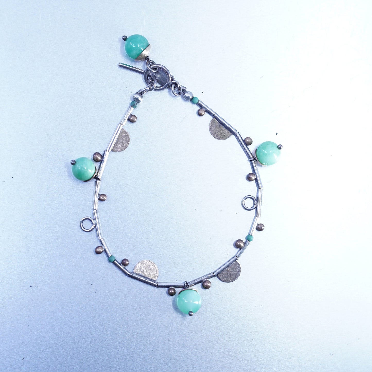 7”, Sterling 925 silver bracelet, liquid silver chain with turquoise beads
