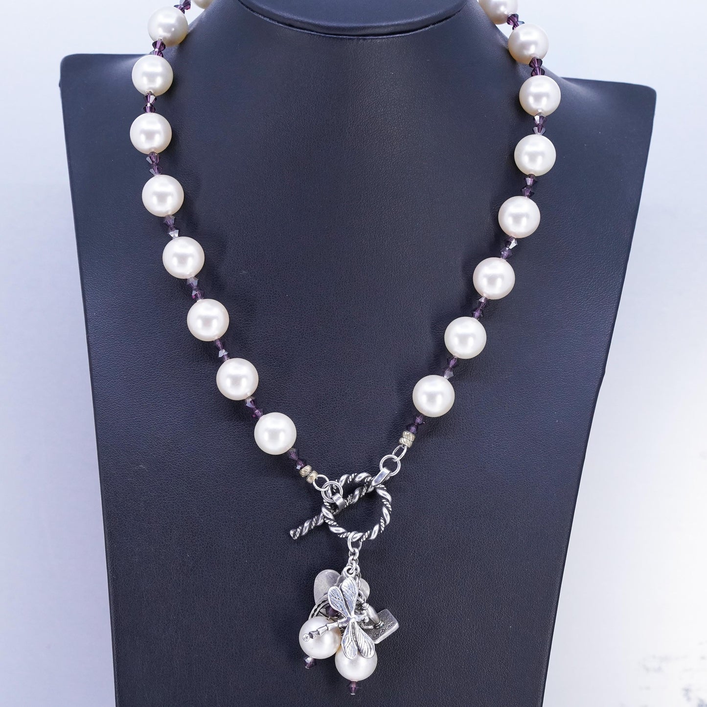 18", Sterling 925 silver necklace faux pearl beads, dragonfly horseshoe charms
