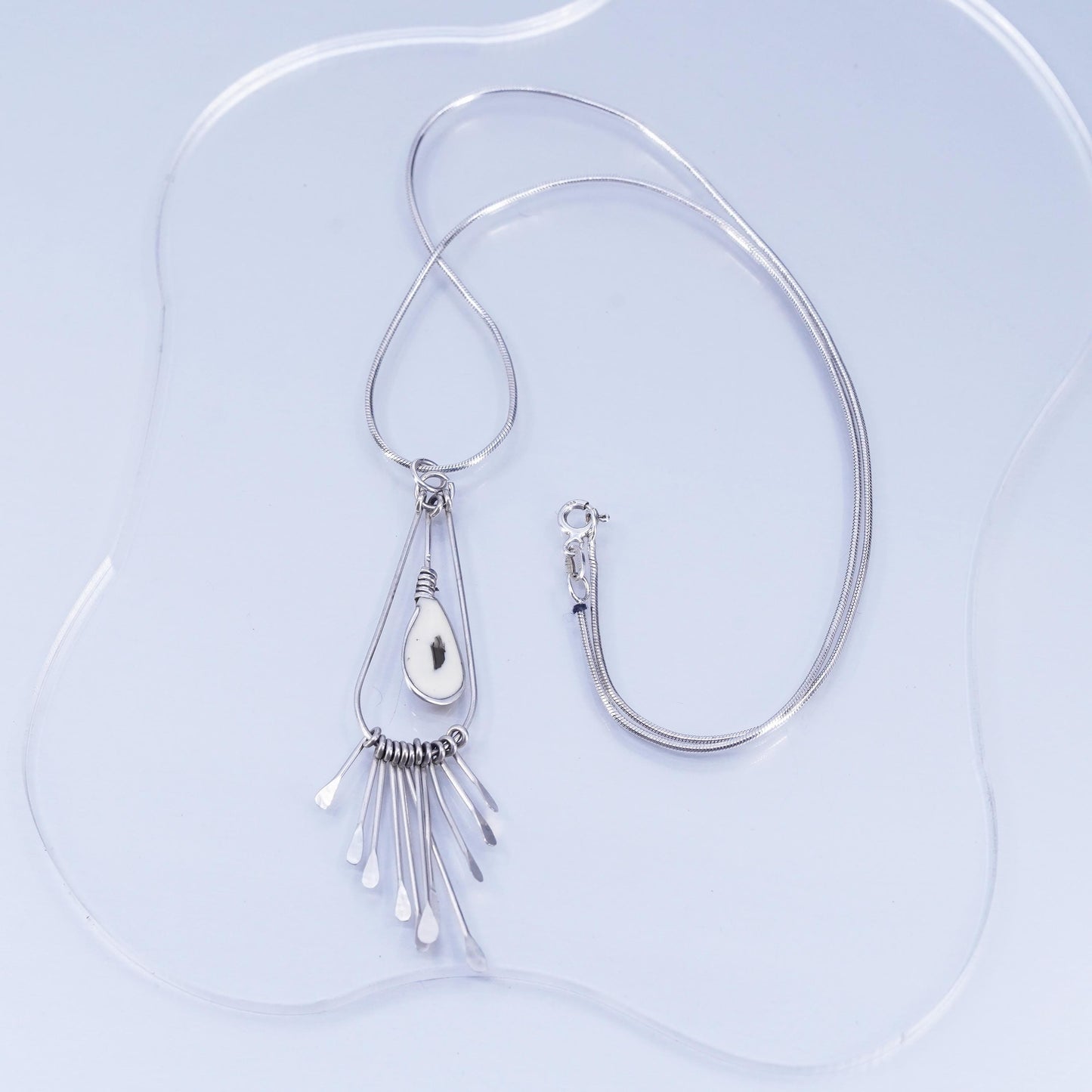 18”, VTG Sterling 925 silver handmade snake necklace fringe teardrop pendant