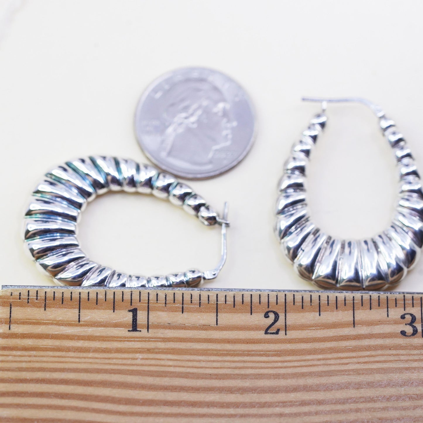 1.5”, Vintage Jordan 925 Sterling Silver Ribbed Hoops, Large Teardrop Earrings,