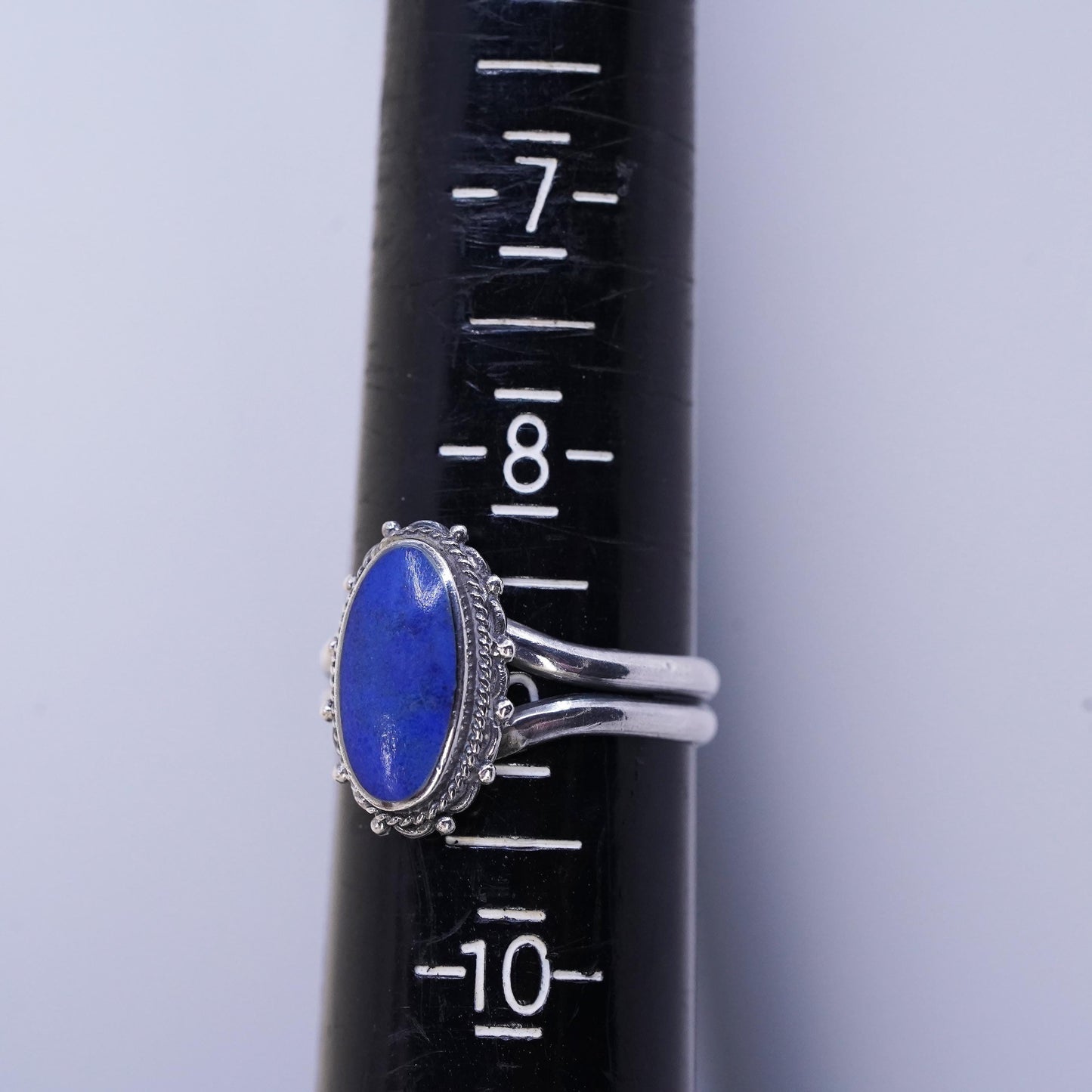 Size 9, vintage Boma 925 silver statement ring with oval Lapis lazuli and beads