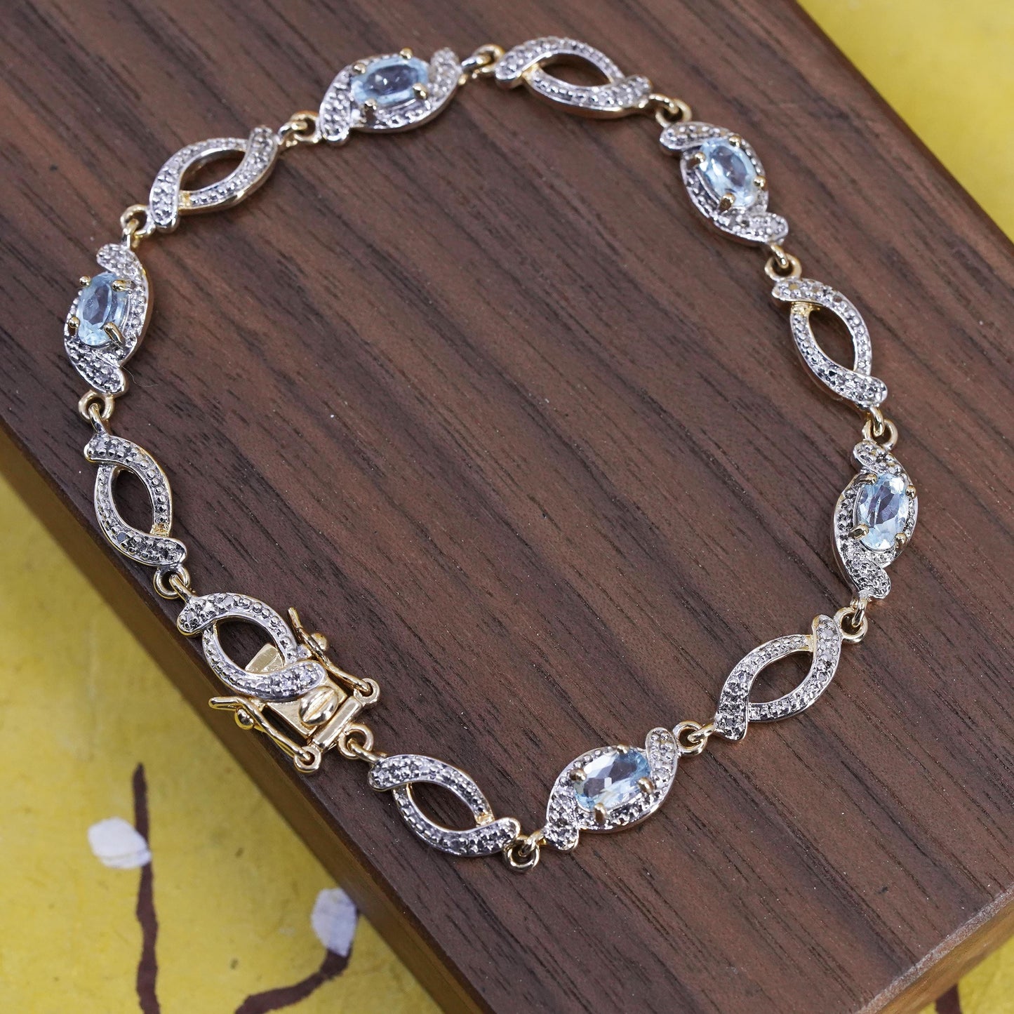 7”, vermeil gold over Sterling silver tennis bracelet, 925 chain topaz diamond