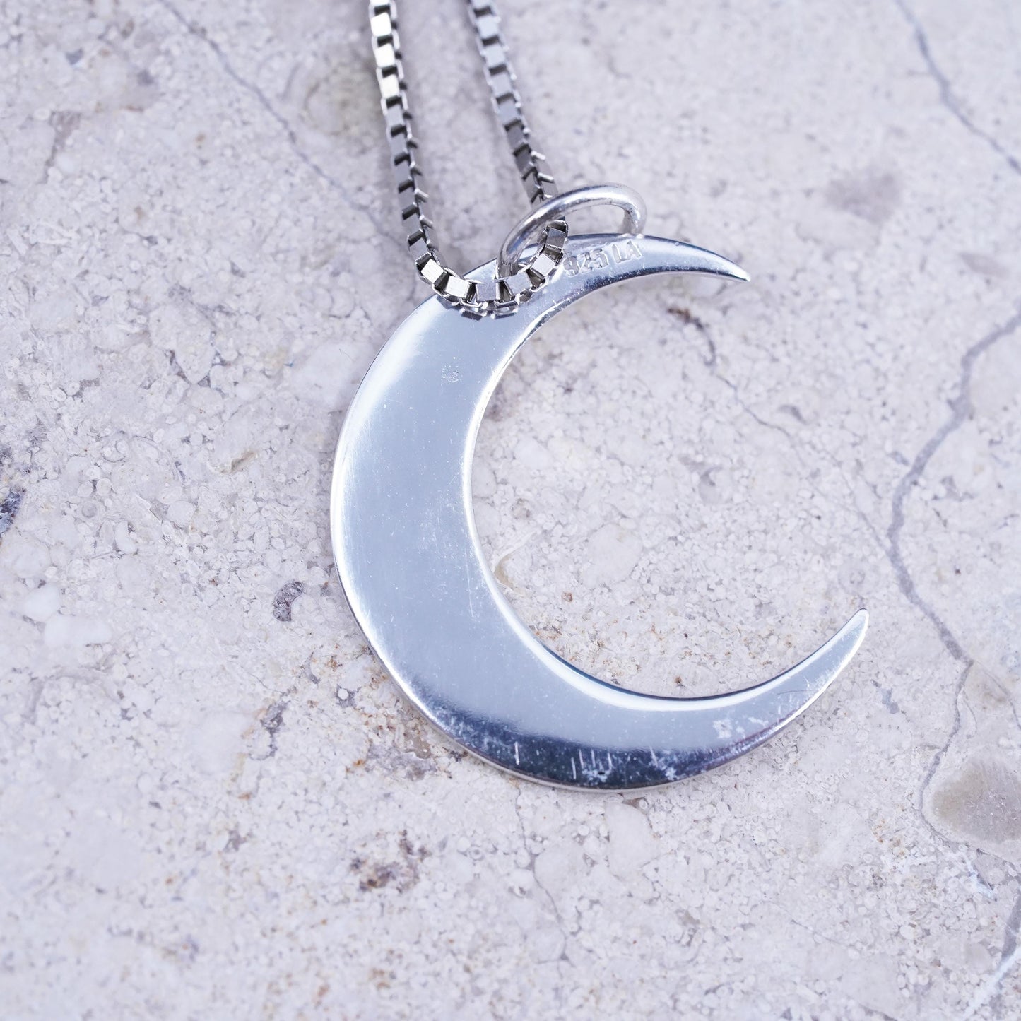 18" Sterling silver necklace, 925 box chain moon pendant “my wish for you”