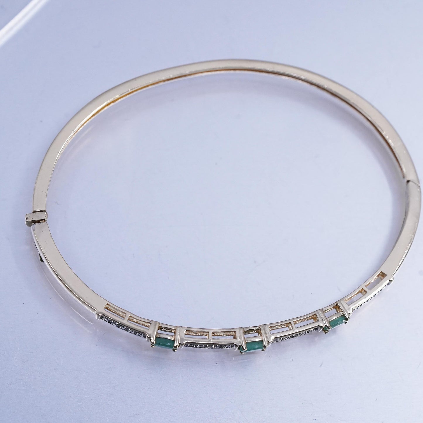 7", vermeil gold over Sterling 925 silver bracelet, hinged bangle jade diamond