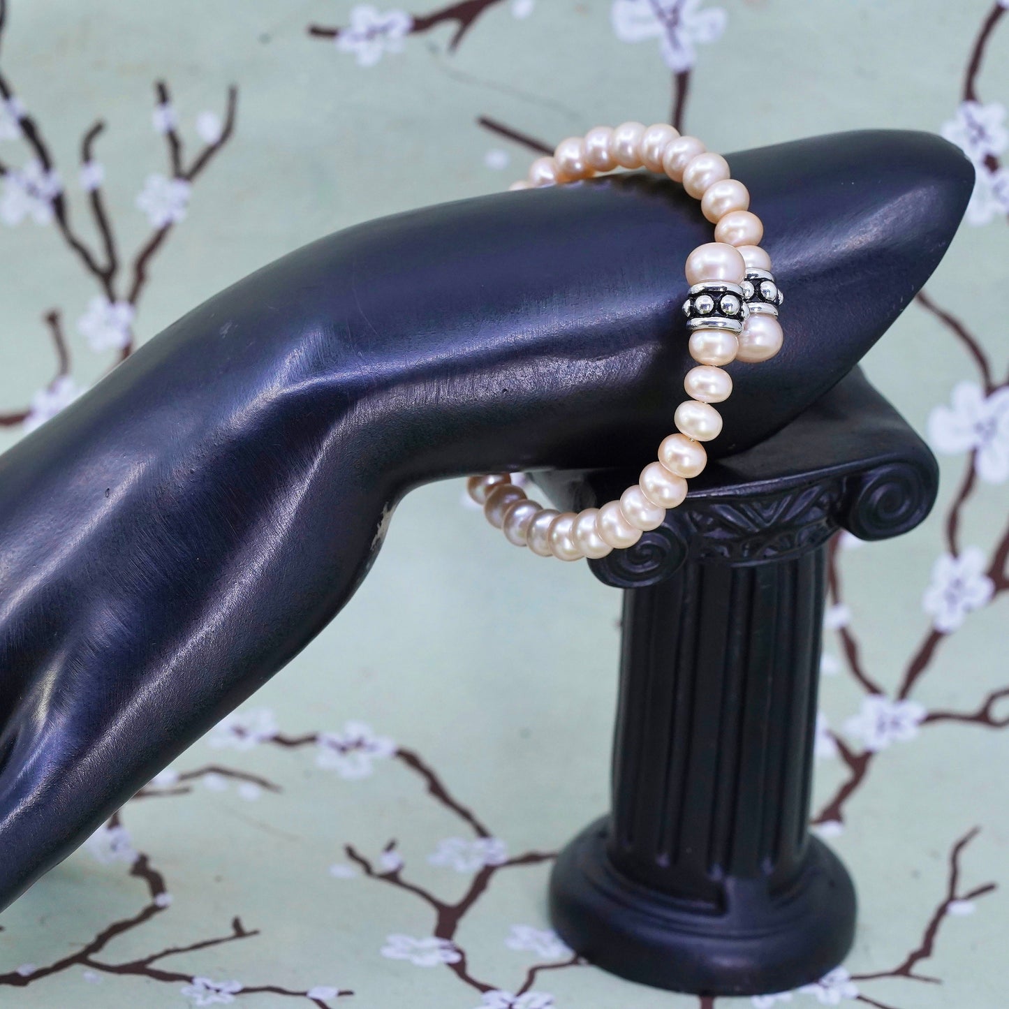 6.5”, vintage sterling silver bracelet, 925 cuff wrap bangle with 8mm pearl