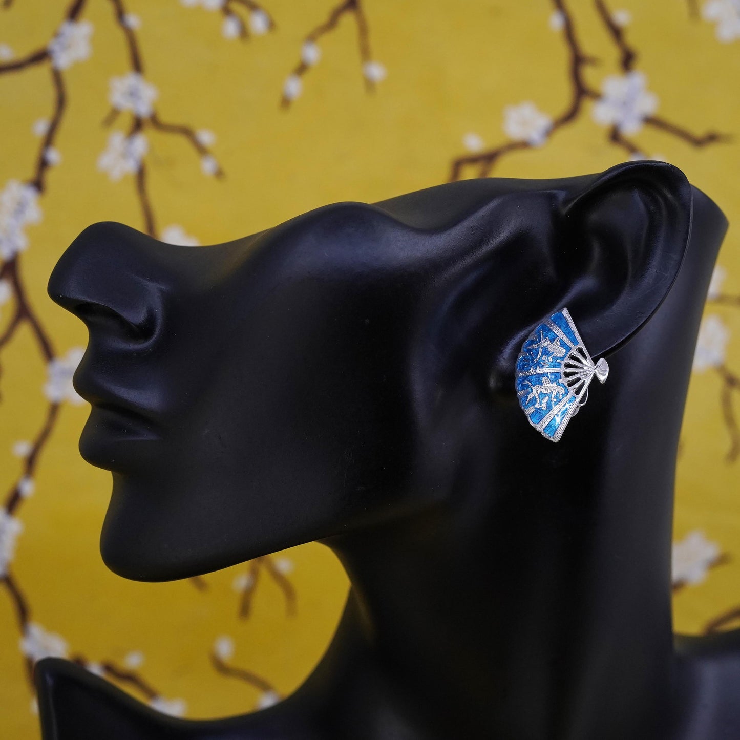 Siam sterling silver clip on, 925 India blue enamel fan earrings, niello silver