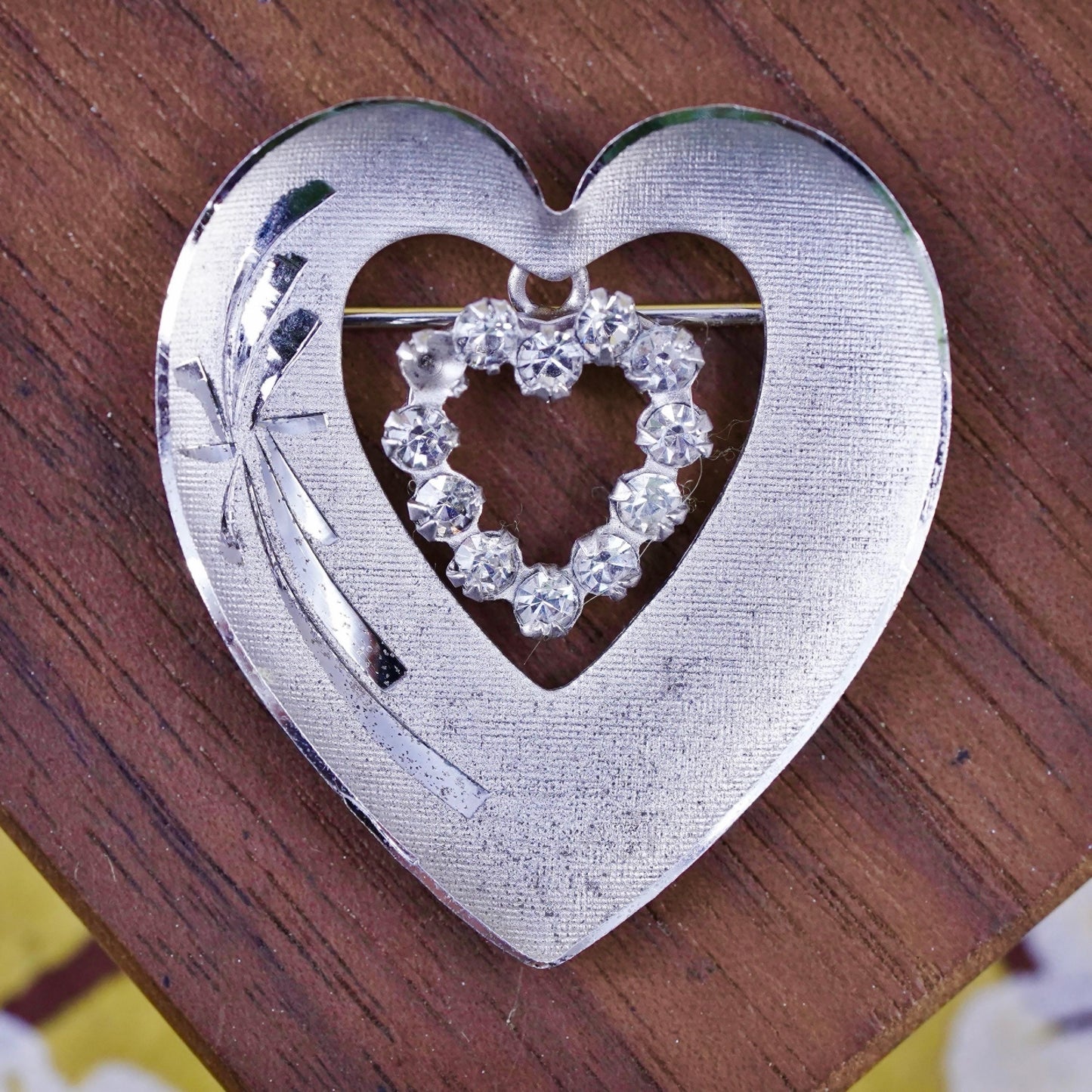 Vintage handmade sterling silver brooch, 925 silver heart with rhinestones