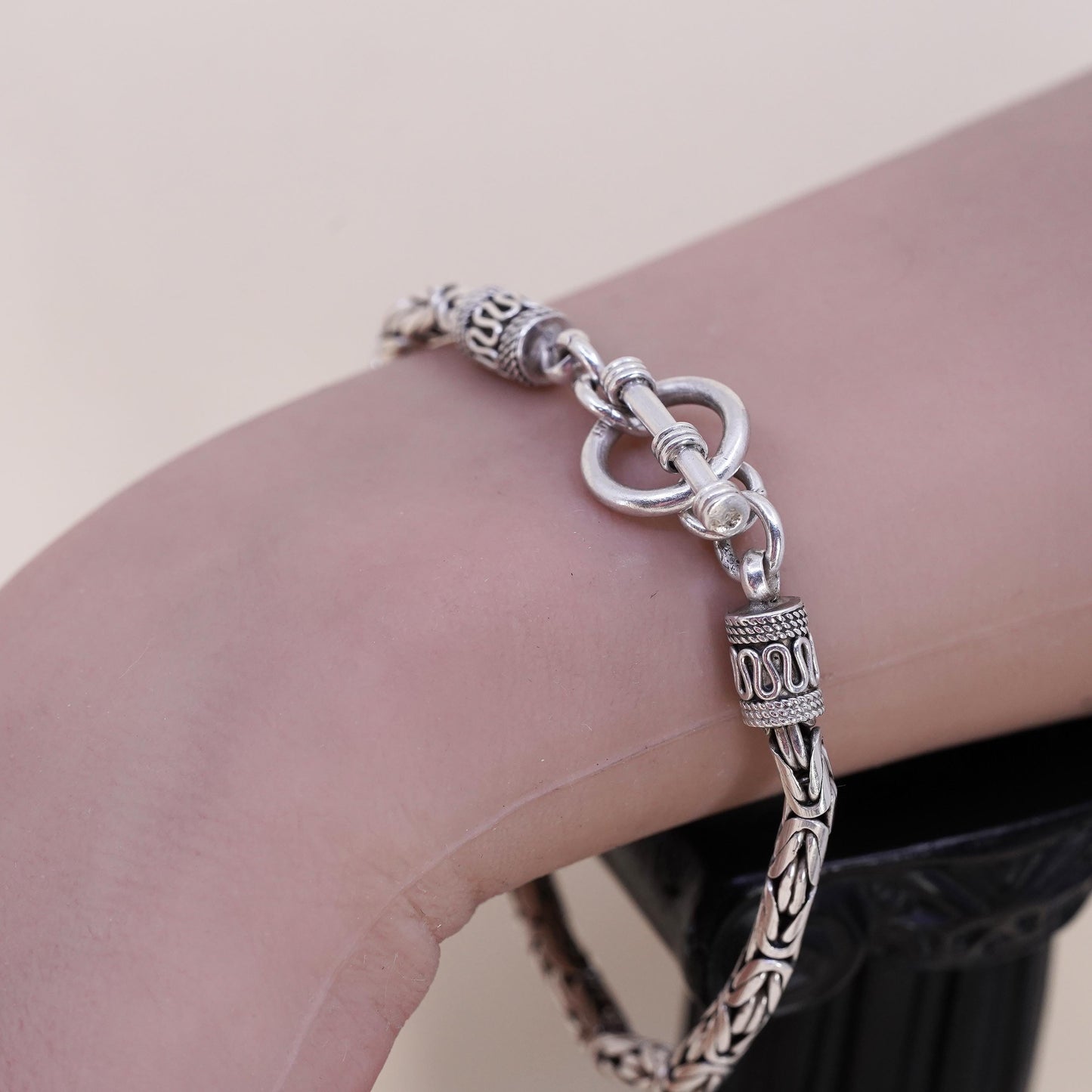 7", vintage Sterling silver handmade bracelet, 925 Byzantine, birdcage chain