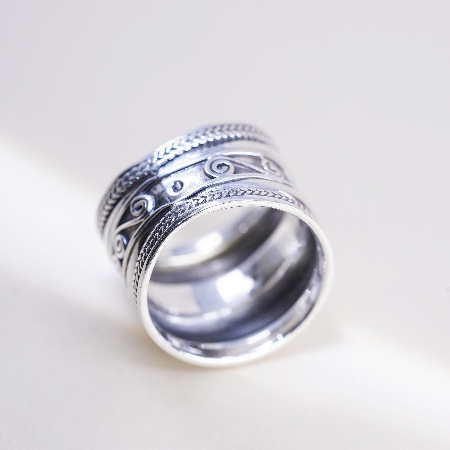 Size 8.5, Wide Sterling Silver Band Ring, Scroll Filigree Ring, Bohemian Unisex