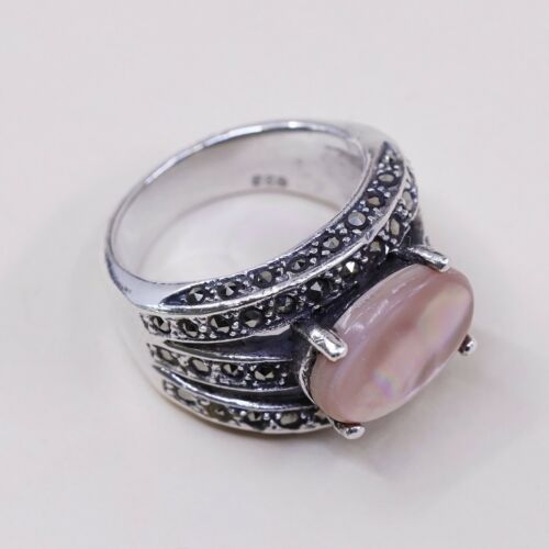 Sz 6.75, Vtg Sterling 925 Silver handmade Ring W/ Mother Of Pearl n marcasite