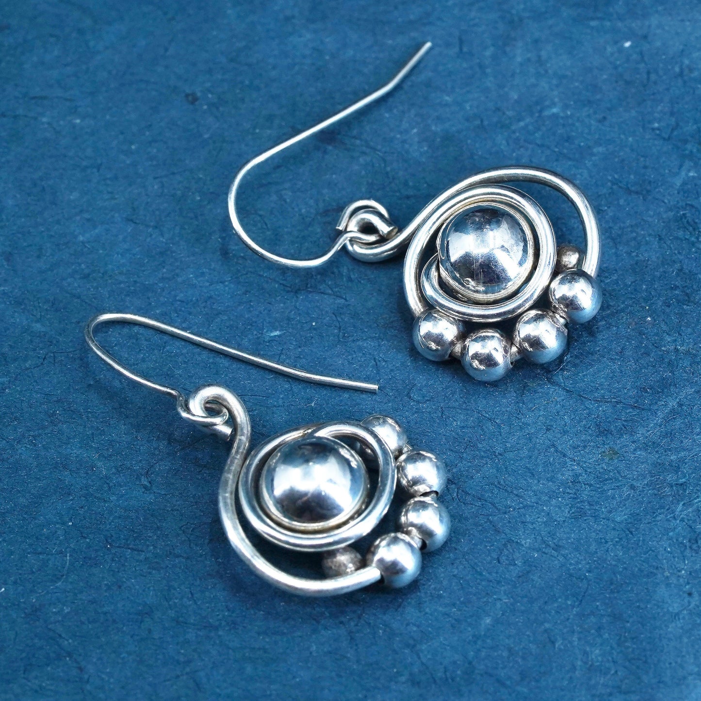 Vintage sterling silver handmade earrings, 925 silver beads sprial drops