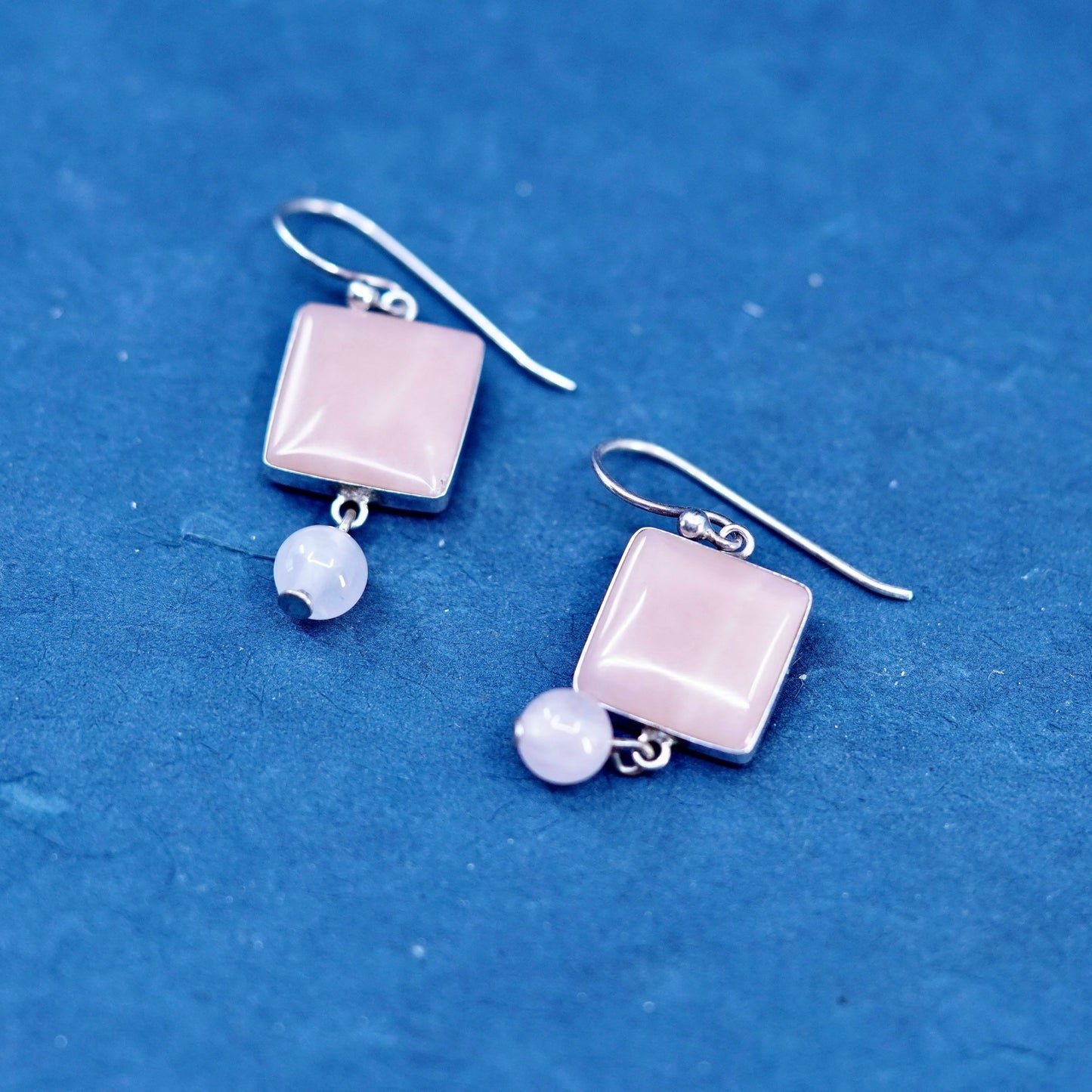 Vintage Sterling 925 silver handmade earrings with square pink quartz Dangles